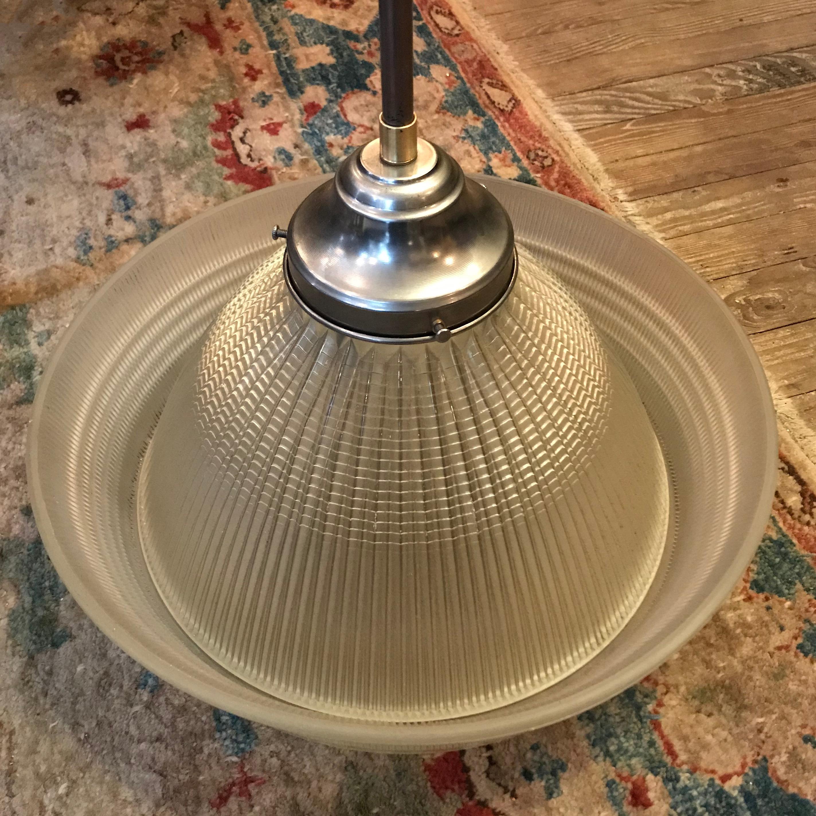 Mid-20th Century Industrial Brimmed Dome Prismatic Holophane Pendant Light