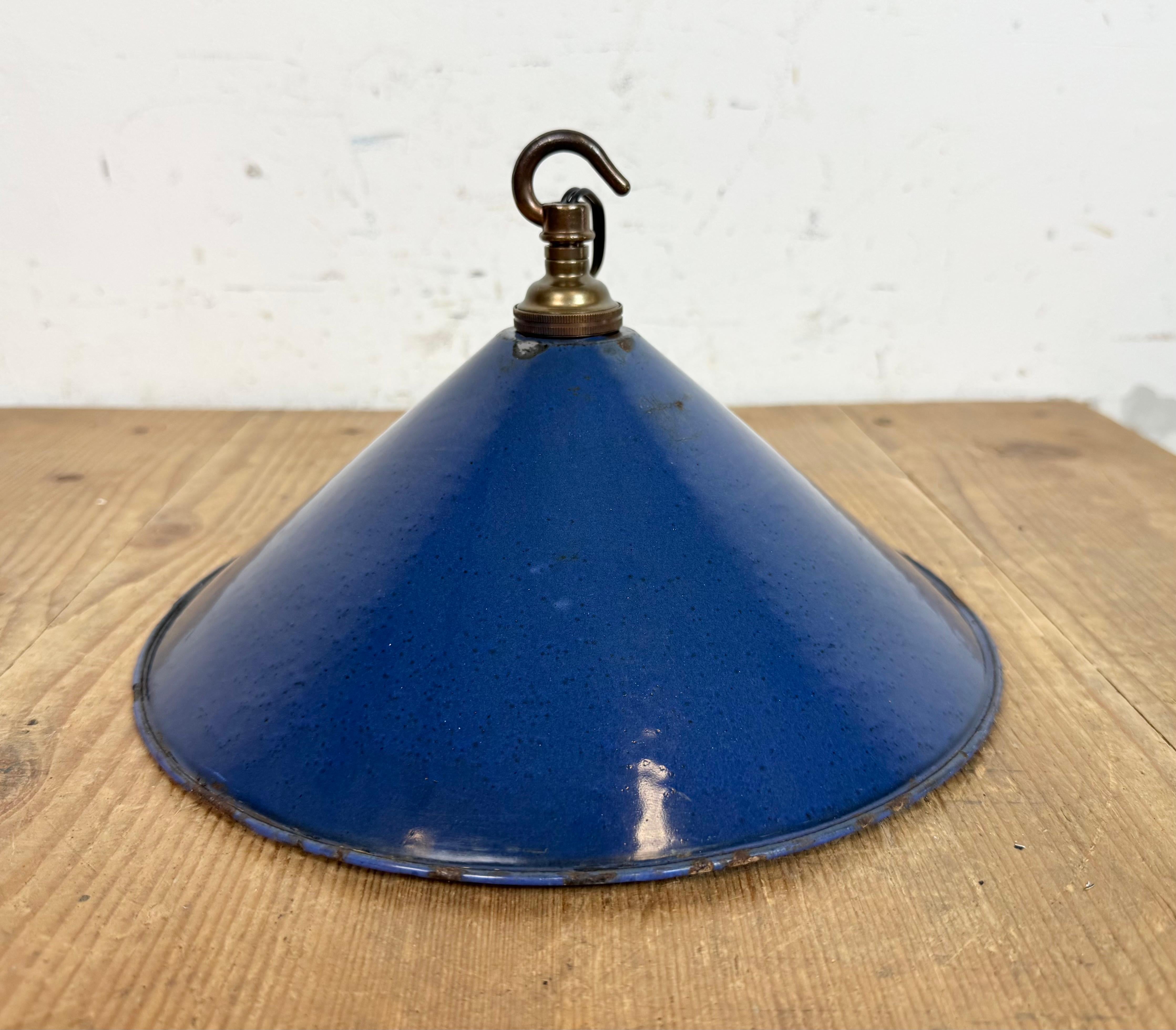Industrial British Blue Enamel Factory Pendant Lamp, 1950s For Sale 9