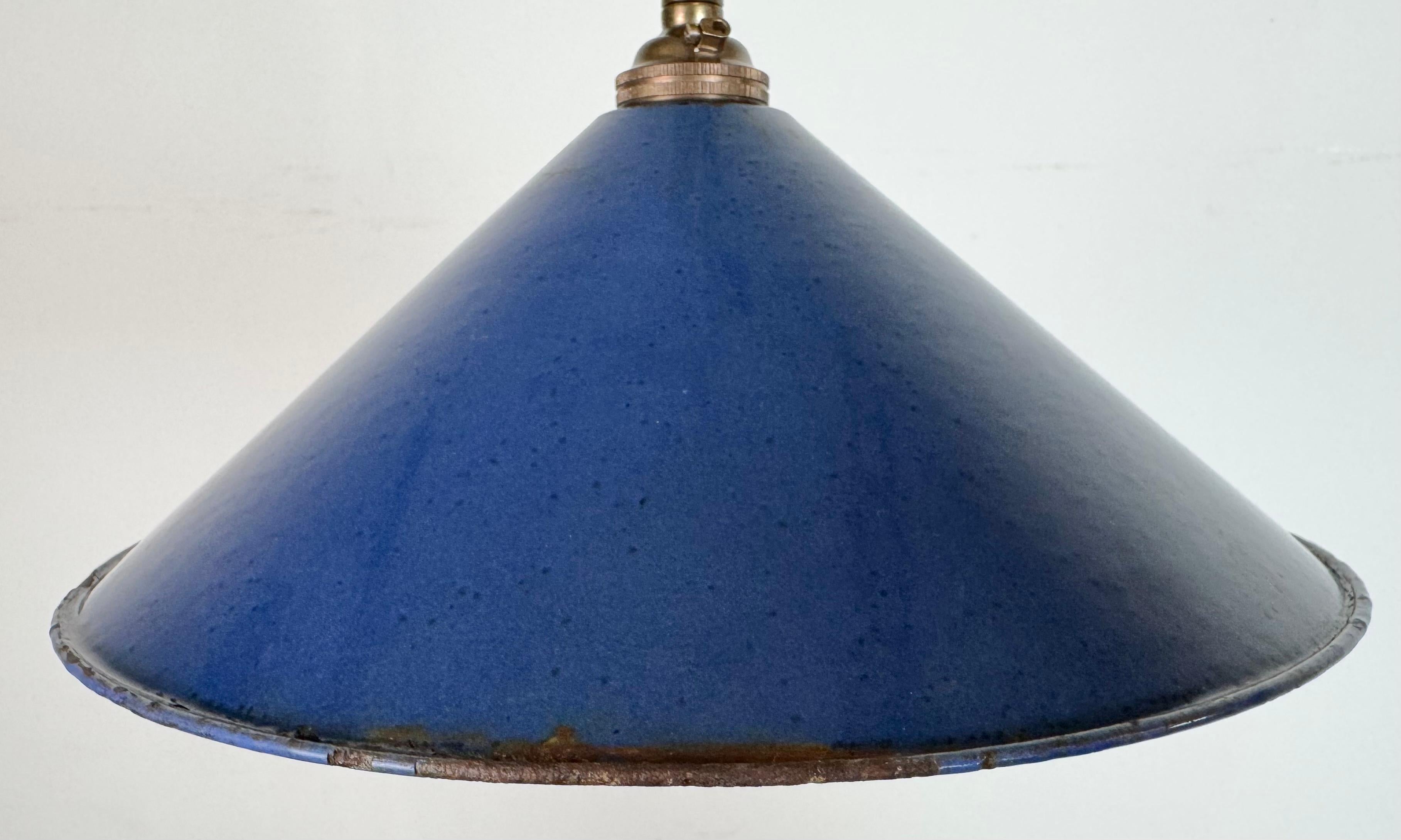 Brass Industrial British Blue Enamel Factory Pendant Lamp, 1950s For Sale