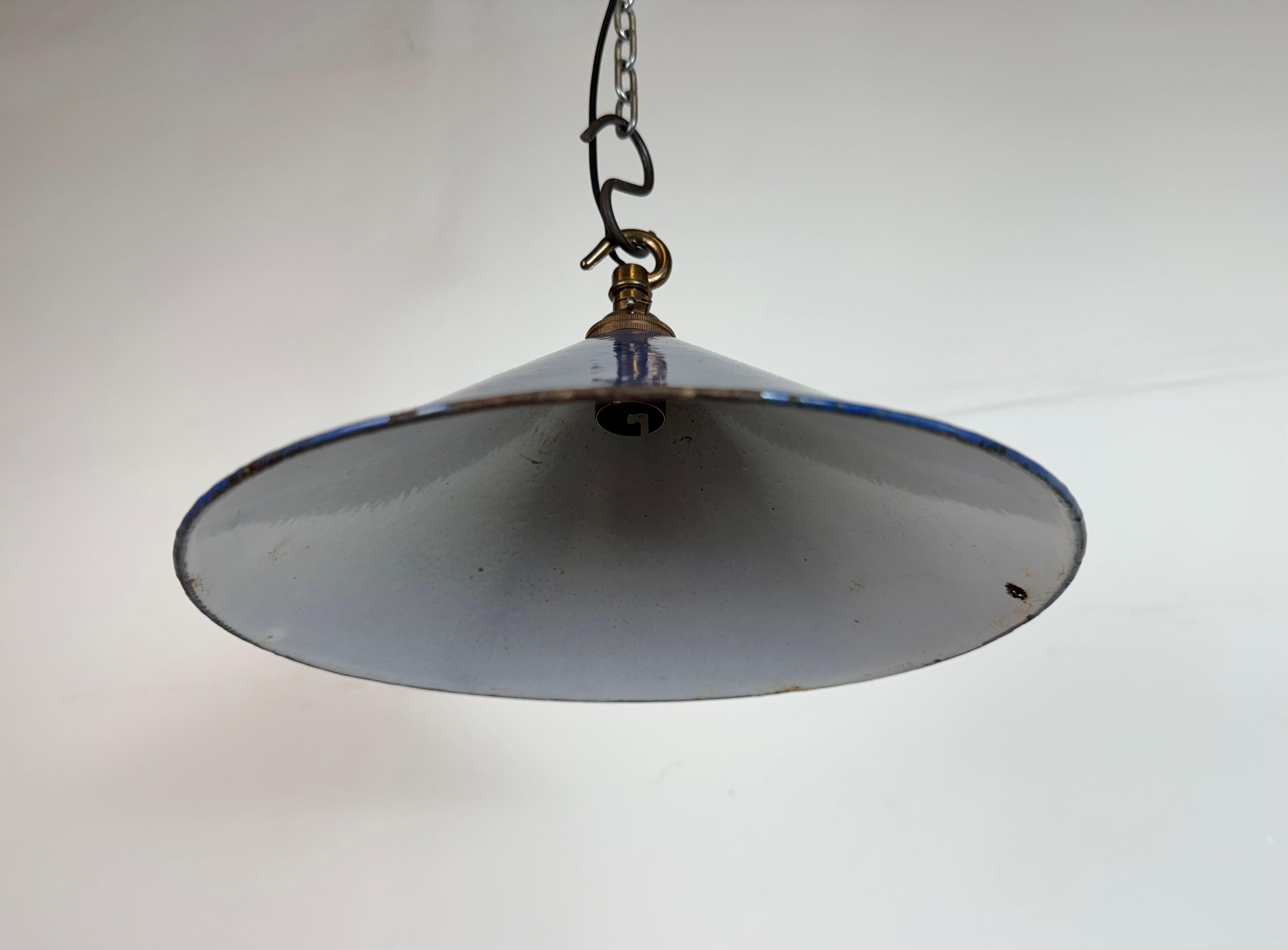 Industrial British Blue Enamel Factory Pendant Lamp, 1950s For Sale 1