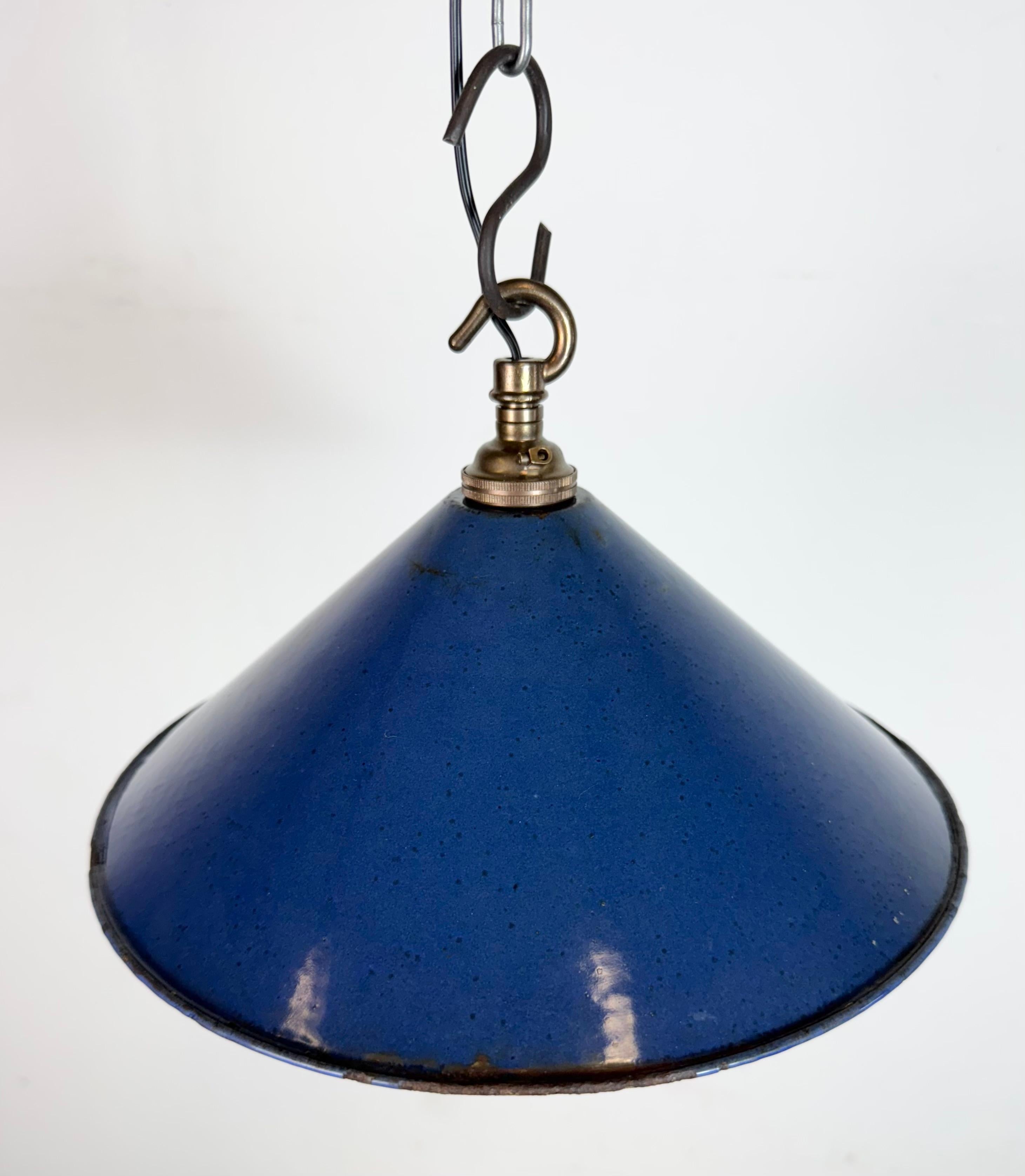 Industrial British Blue Enamel Factory Pendant Lamp, 1950s For Sale 2