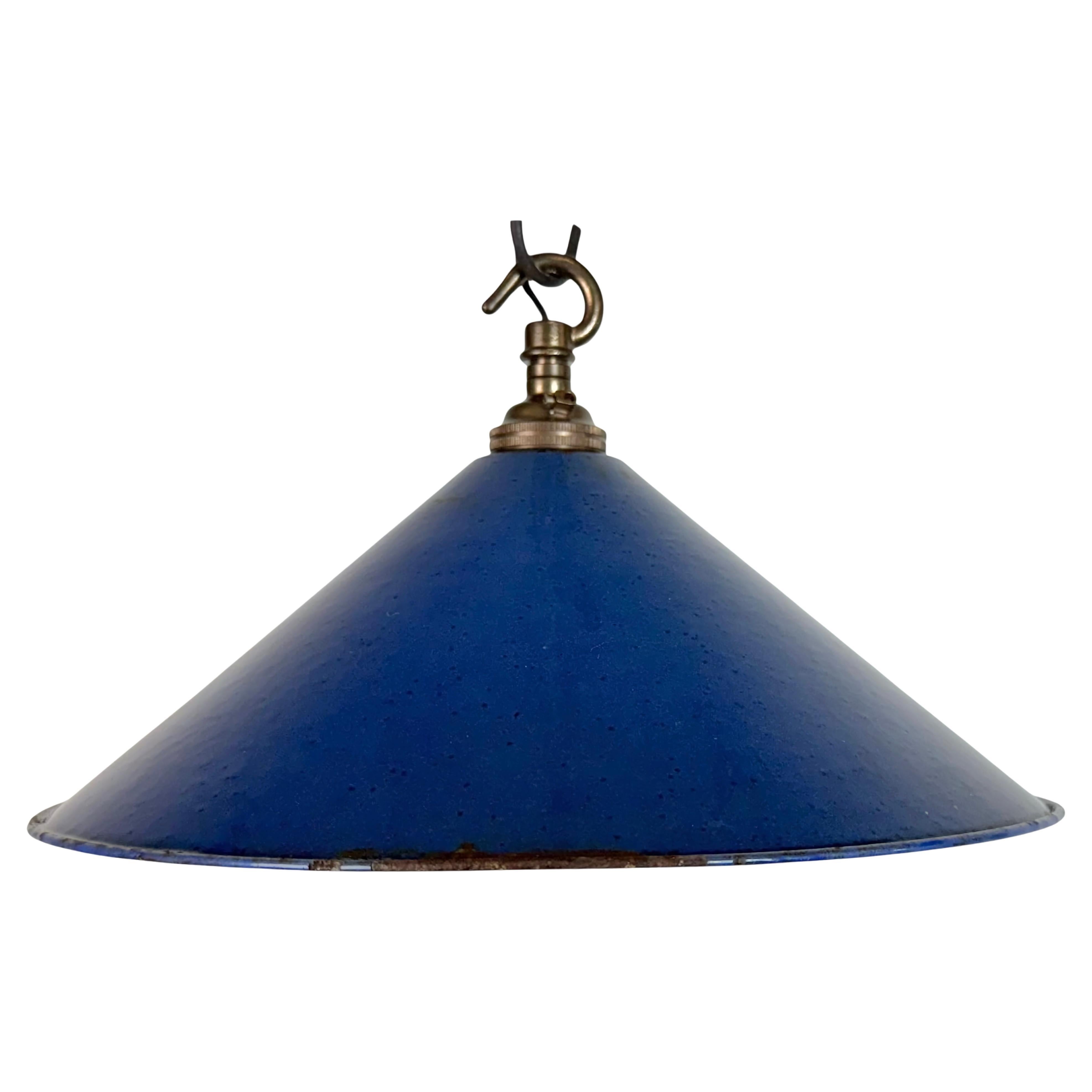 Industrial British Blue Enamel Factory Pendant Lamp, 1950s