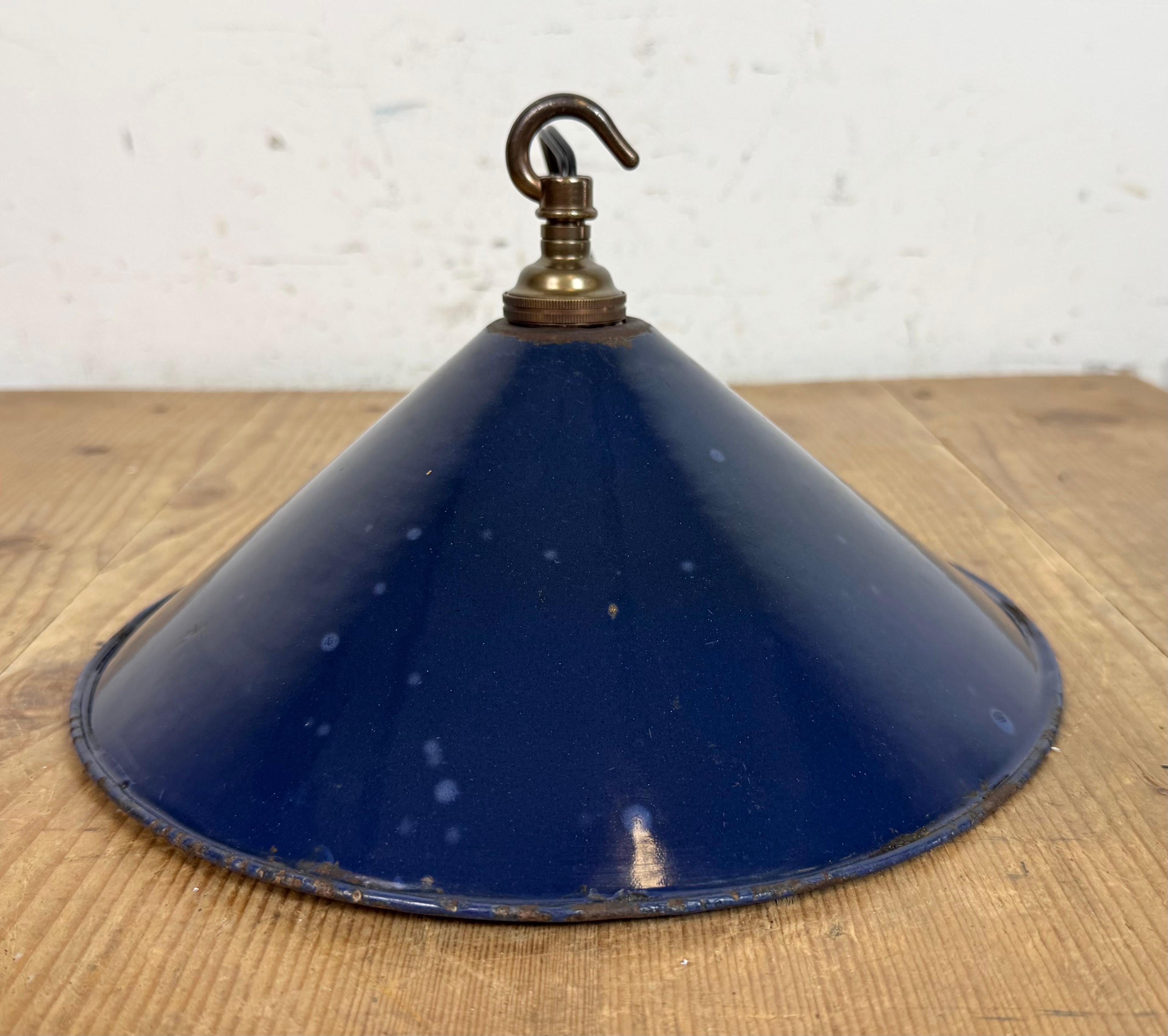 Industrial British Dark Blue Enamel Factory Pendant Lamp, 1950s For Sale 5