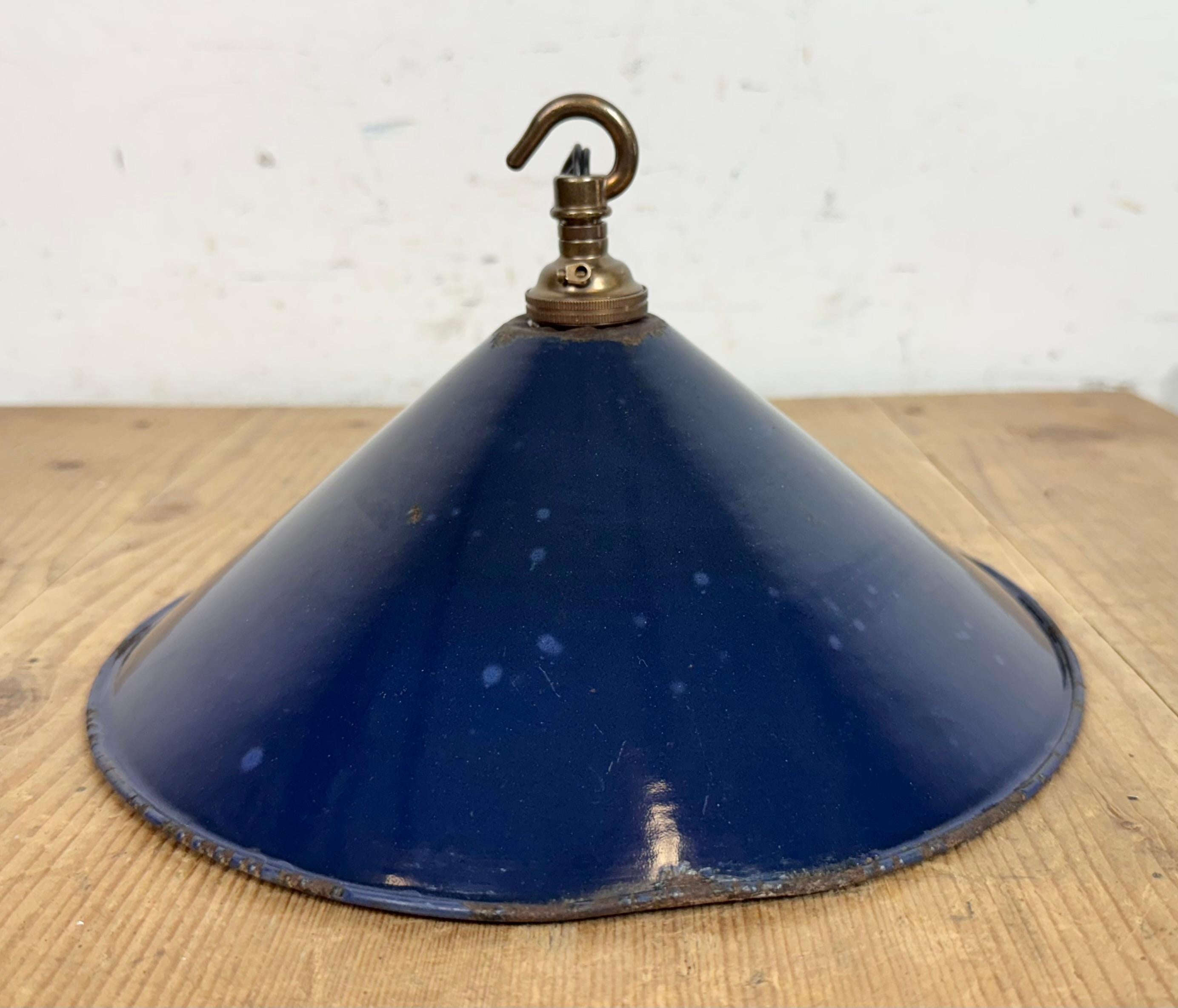 Industrial British Dark Blue Enamel Factory Pendant Lamp, 1950s For Sale 7