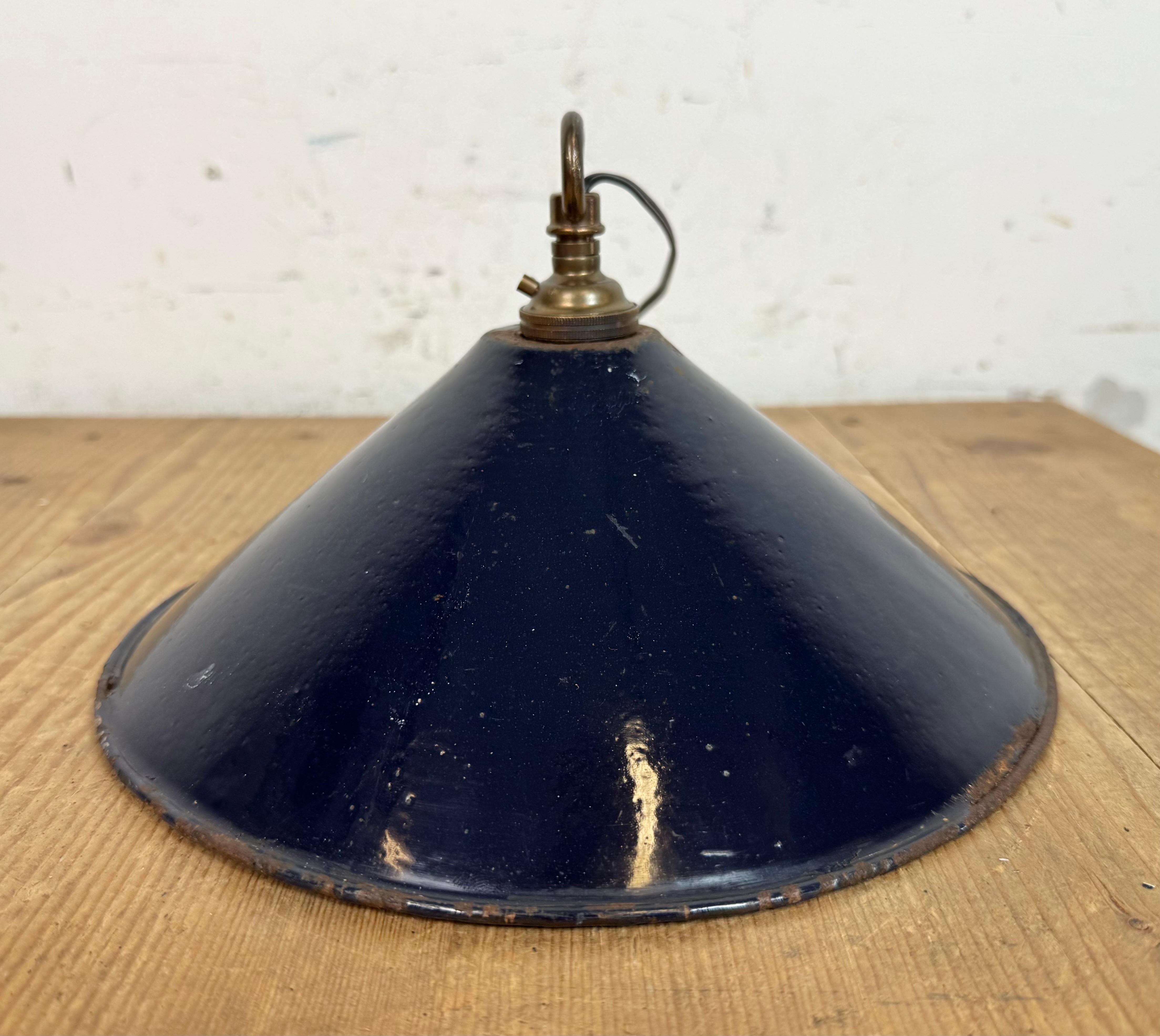 Industrial British Dark Blue Enamel Factory Pendant Lamp, 1950s For Sale 7
