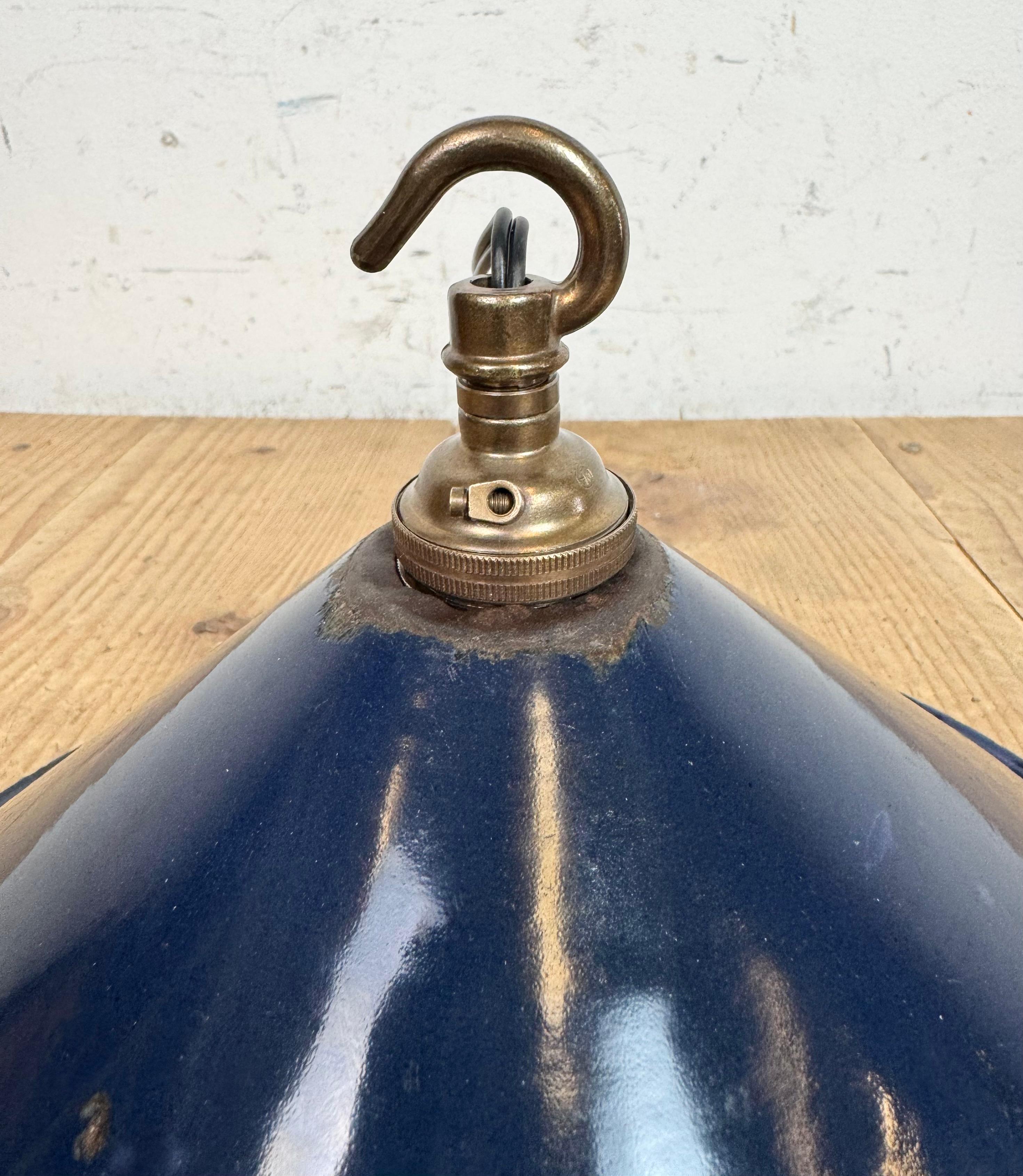 Industrial British Dark Blue Enamel Factory Pendant Lamp, 1950s For Sale 8