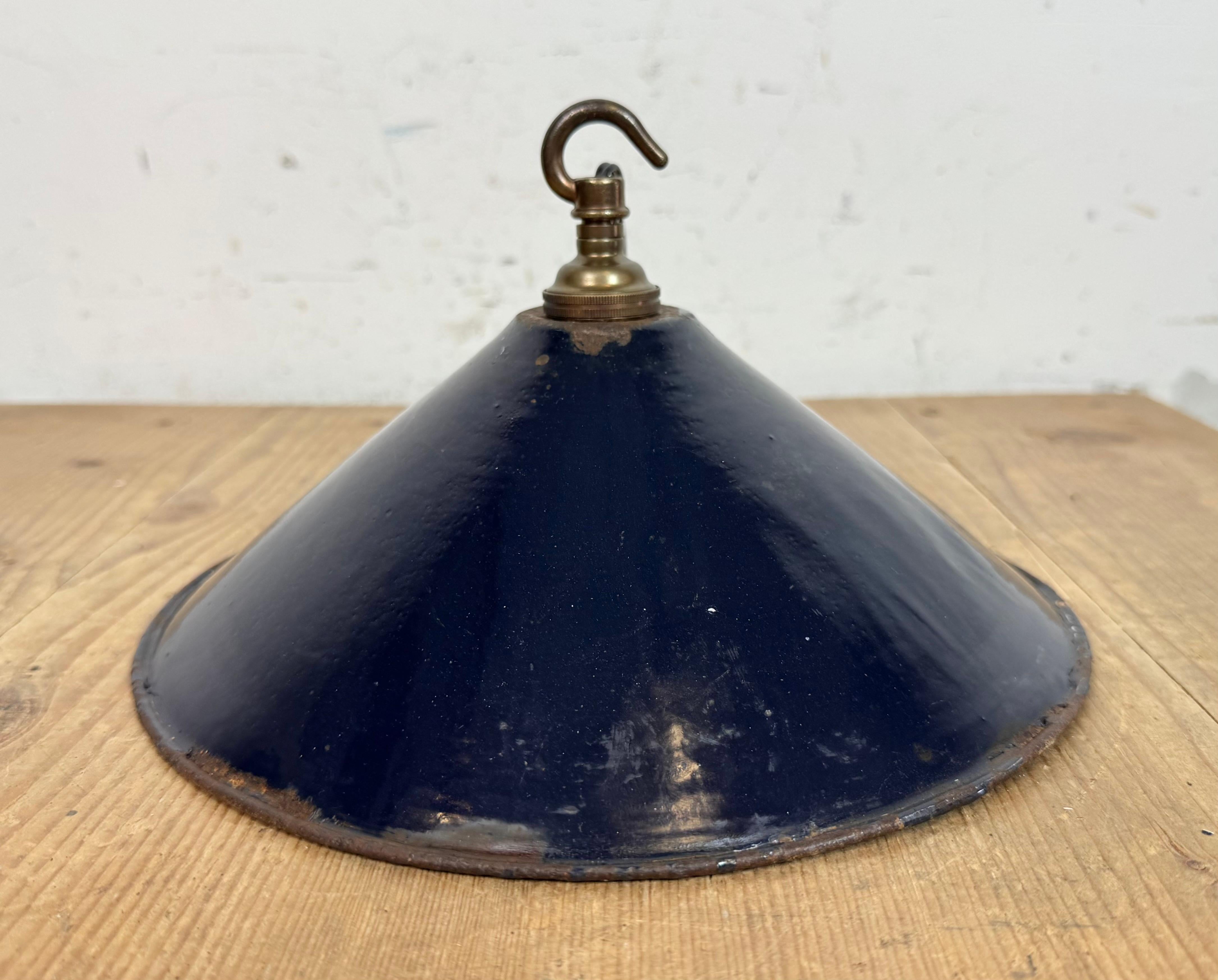 Industrial British Dark Blue Enamel Factory Pendant Lamp, 1950s For Sale 8