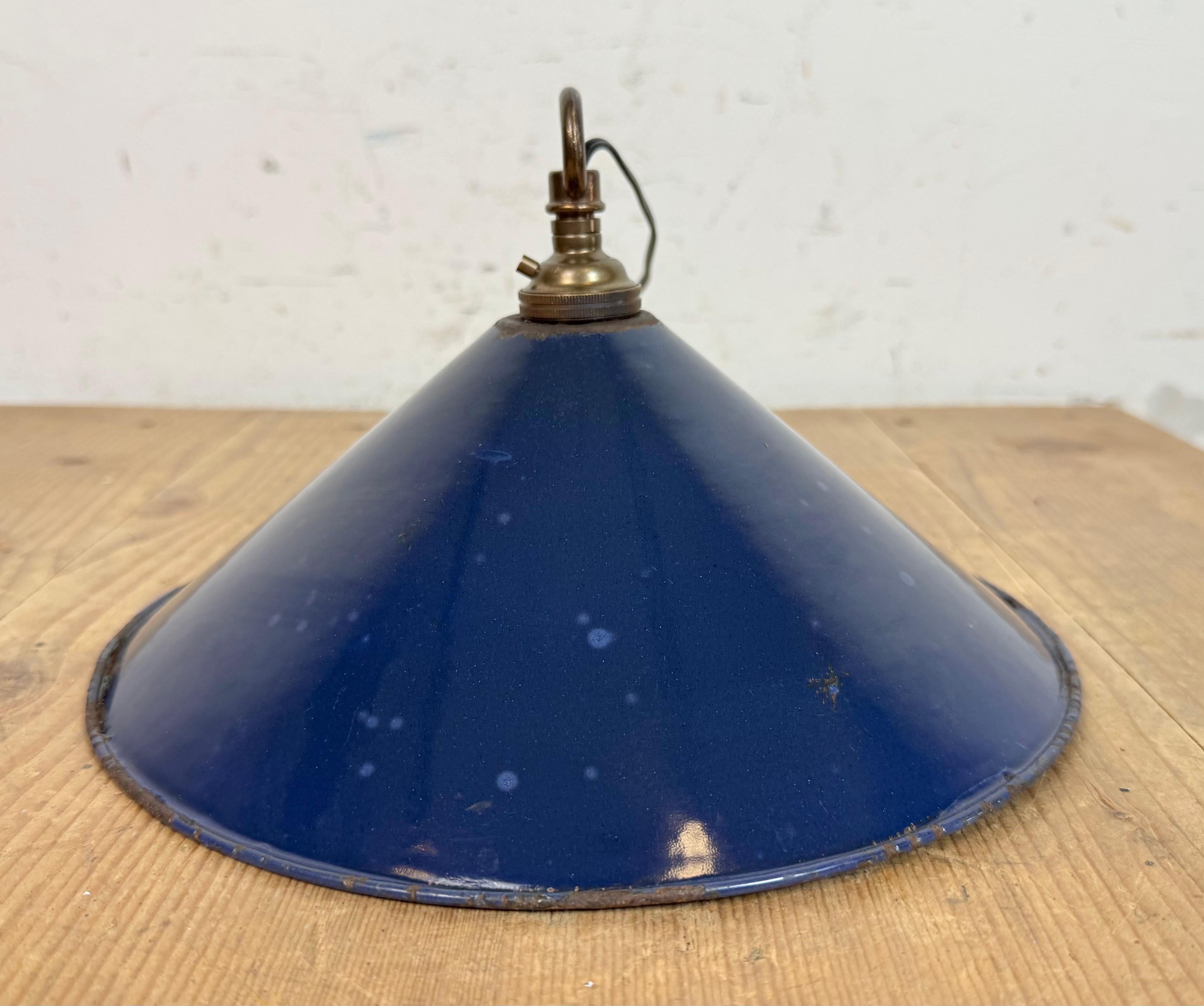 Industrial British Dark Blue Enamel Factory Pendant Lamp, 1950s For Sale 9