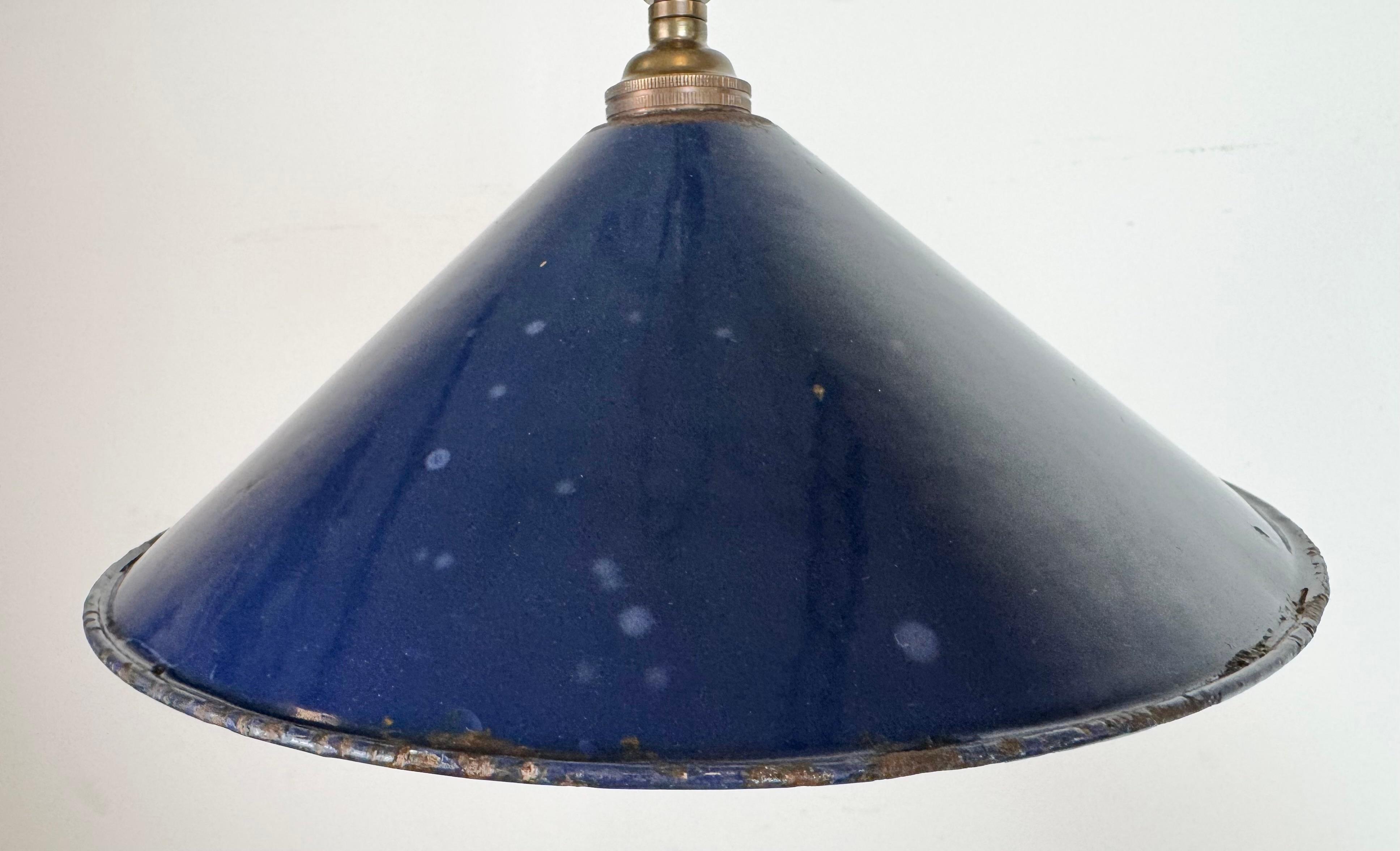 Brass Industrial British Dark Blue Enamel Factory Pendant Lamp, 1950s For Sale