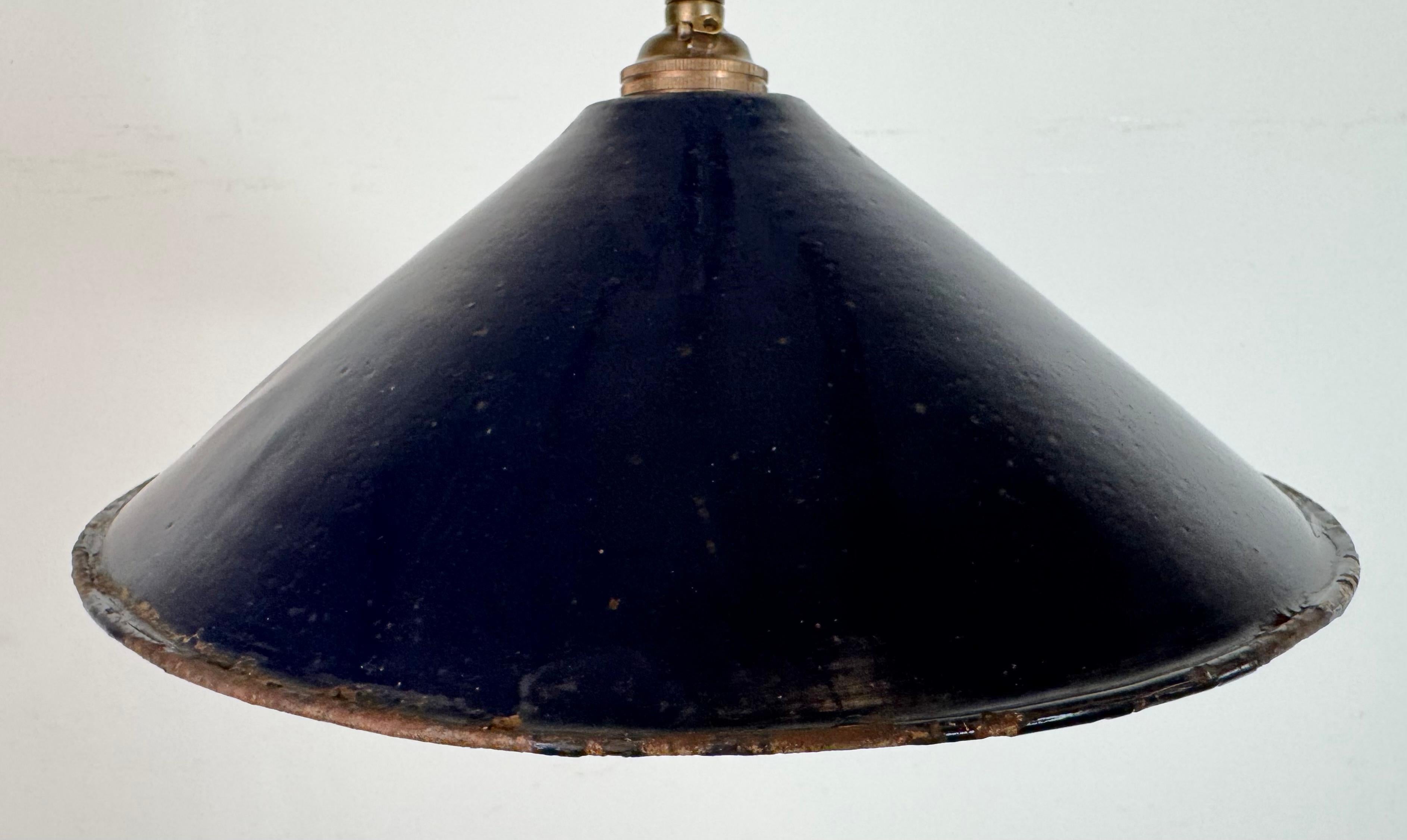 Brass Industrial British Dark Blue Enamel Factory Pendant Lamp, 1950s For Sale