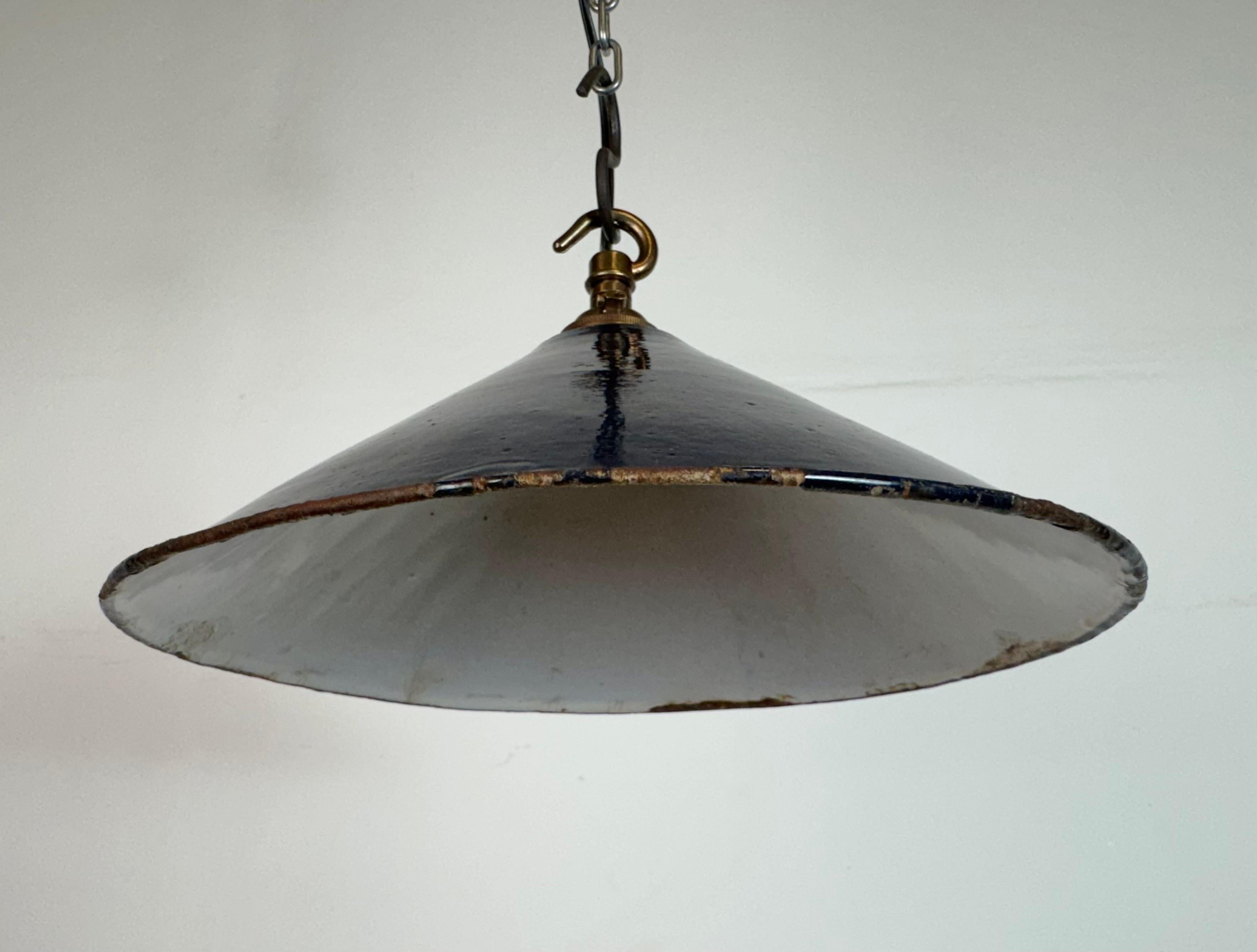Industrial British Dark Blue Enamel Factory Pendant Lamp, 1950s For Sale 1