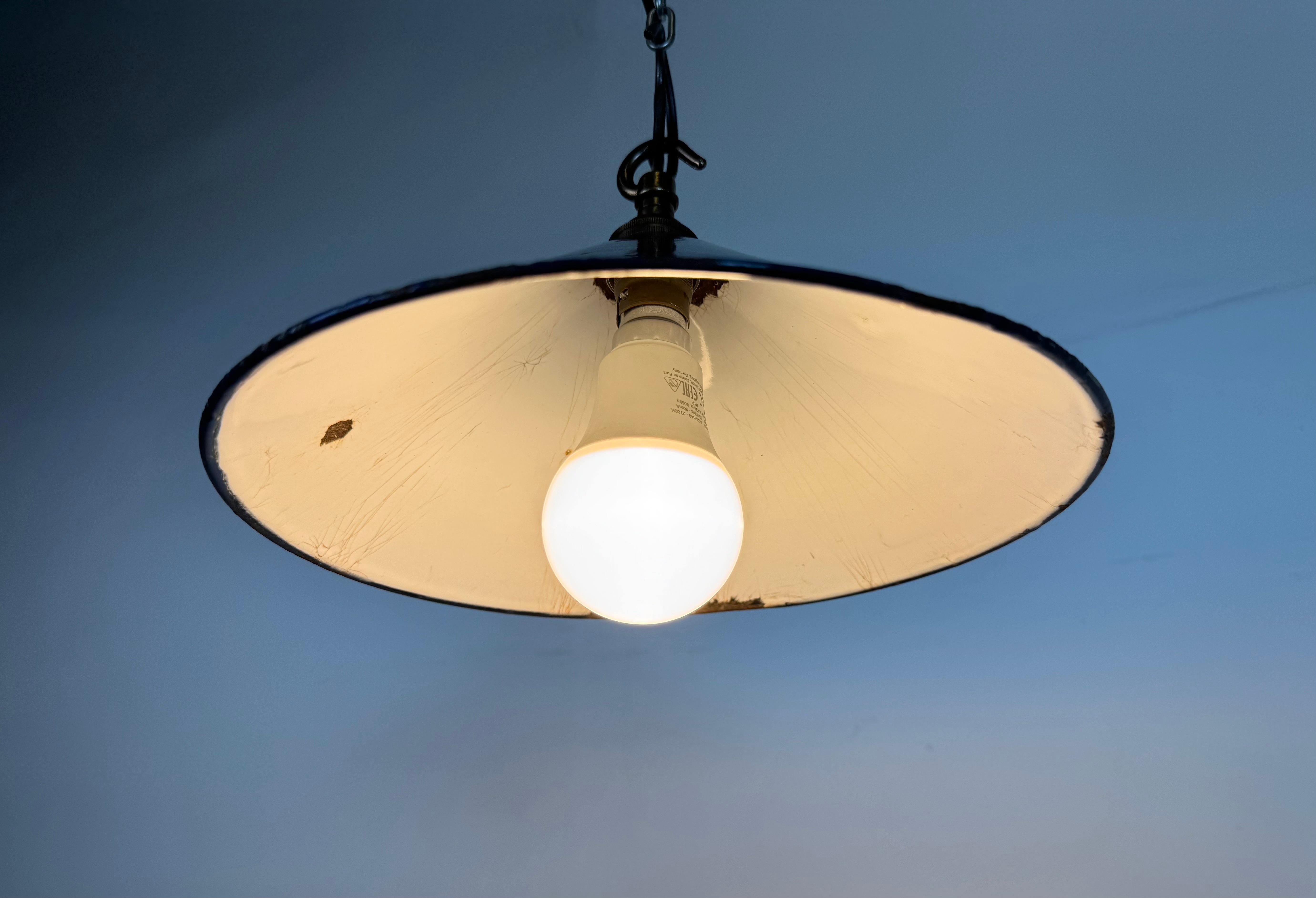 Industrial British Dark Blue Enamel Factory Pendant Lamp, 1950s For Sale 4