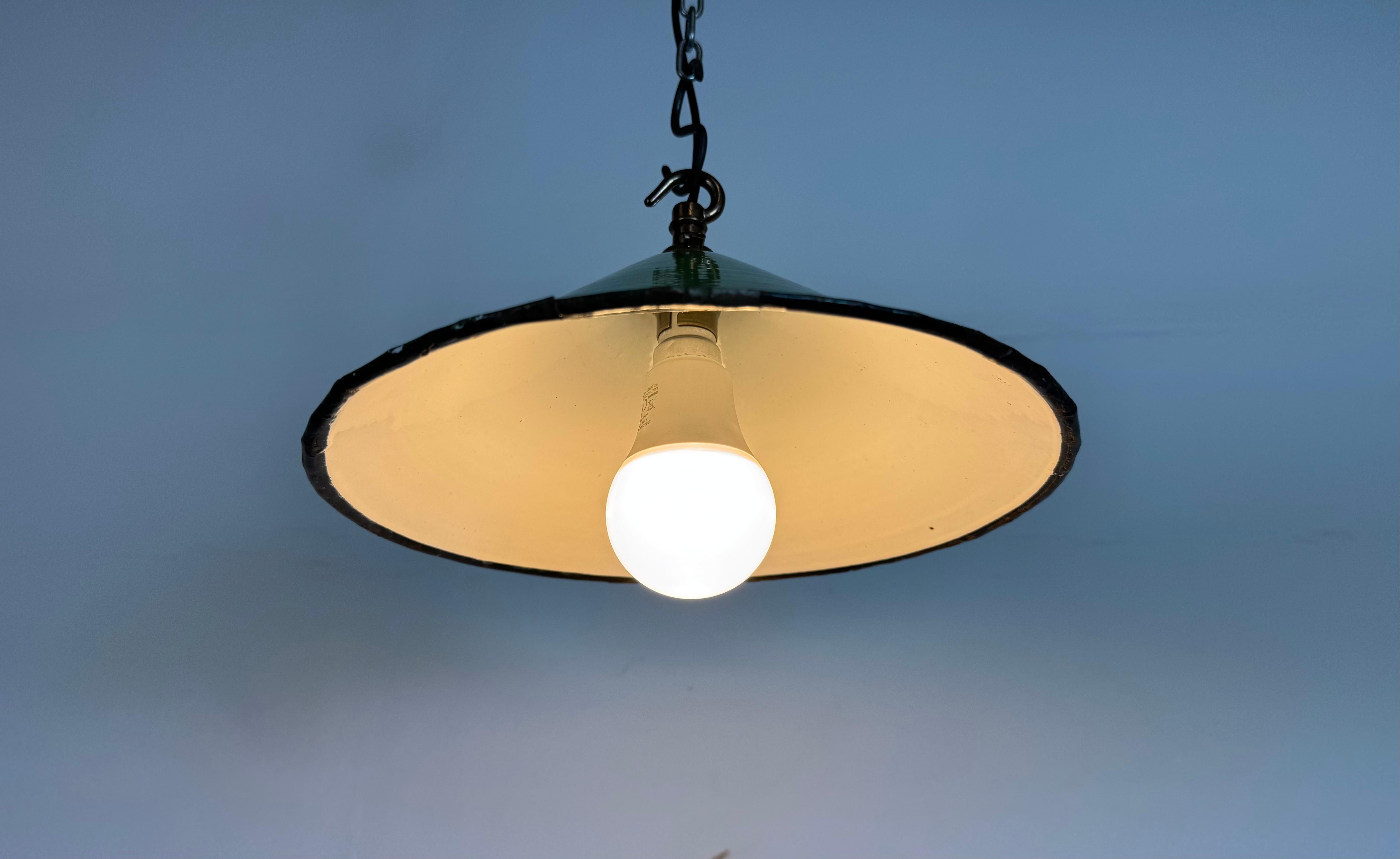 Industrial British Green Enamel Factory Pendant Lamp, 1950s For Sale 5