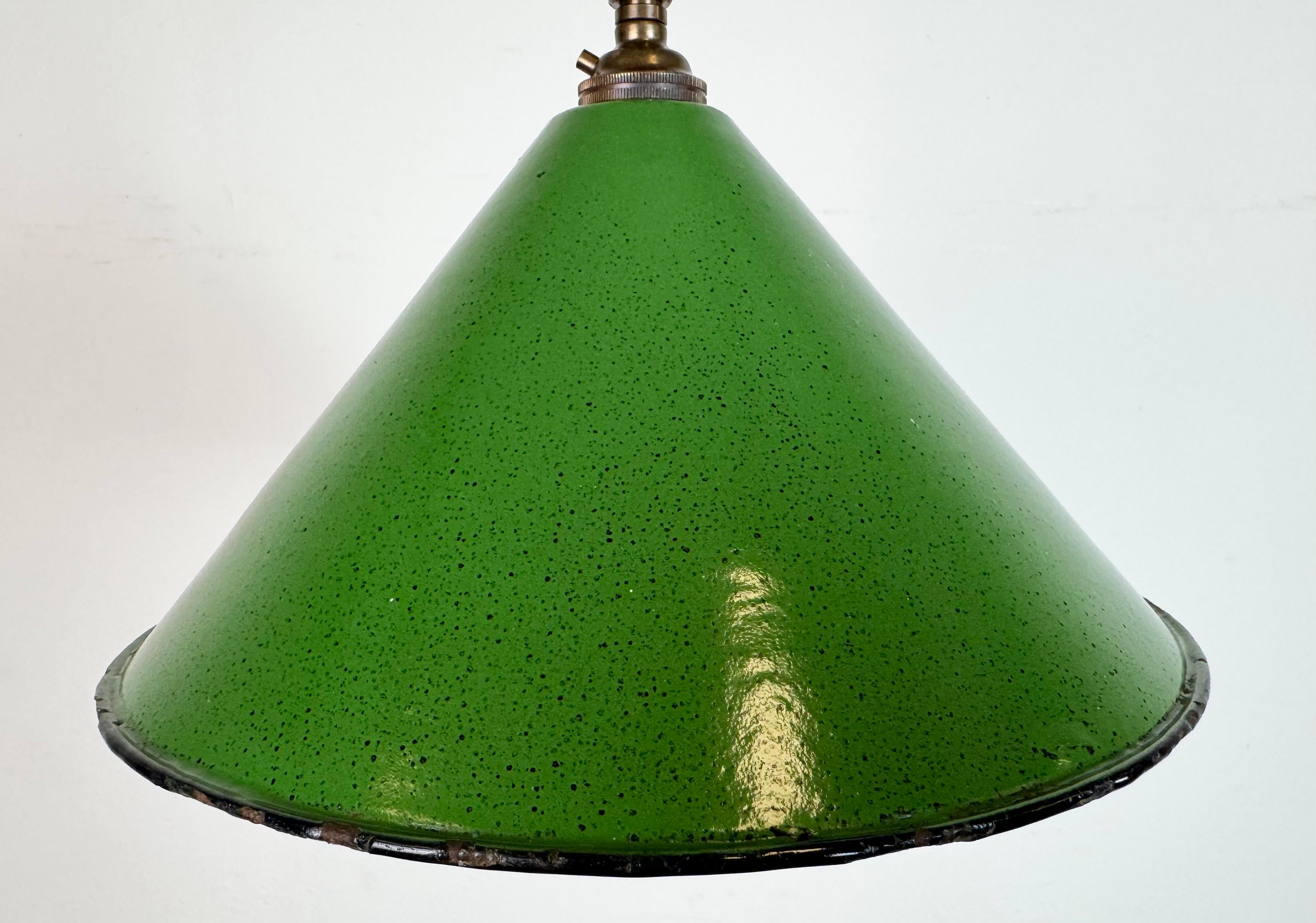 Brass Industrial British Green Enamel Factory Pendant Lamp, 1950s For Sale