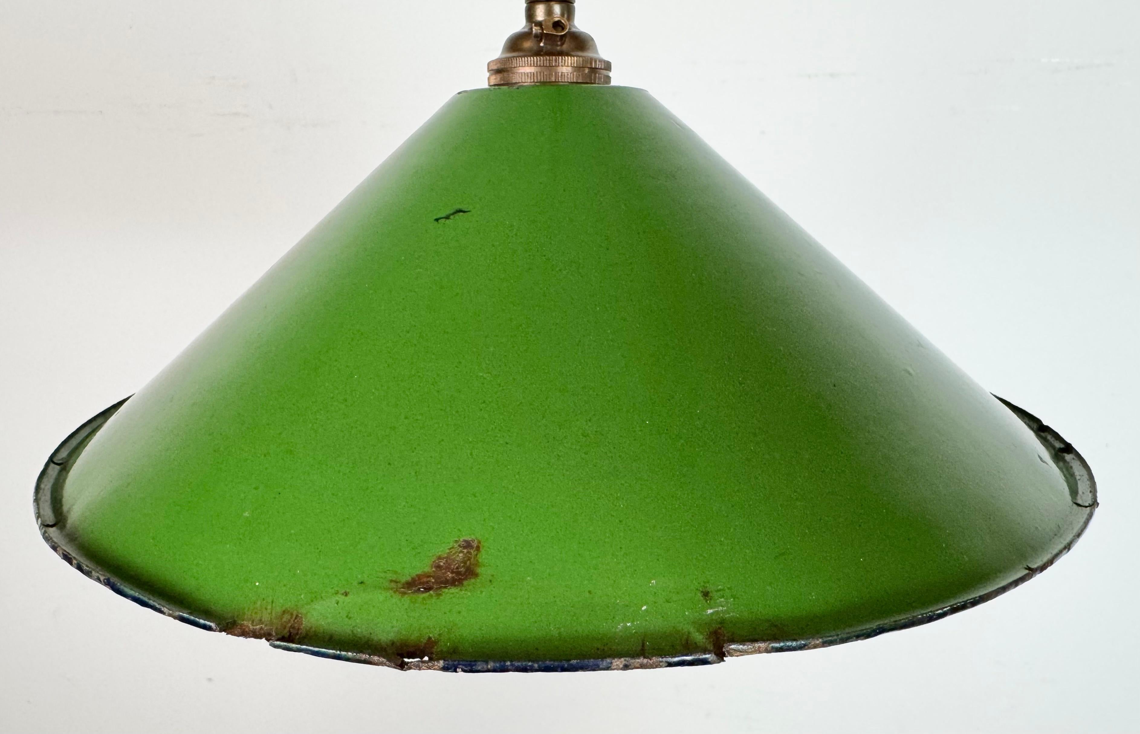 Brass Industrial British Green Enamel Factory Pendant Lamp, 1950s For Sale