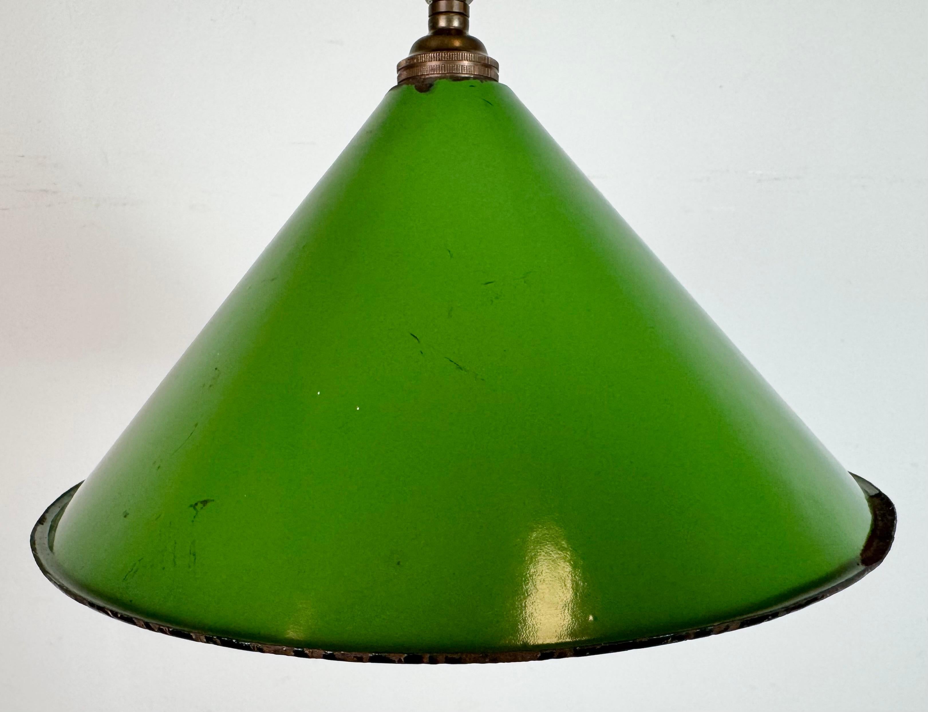 Brass Industrial British Green Enamel Factory Pendant Lamp, 1950s For Sale