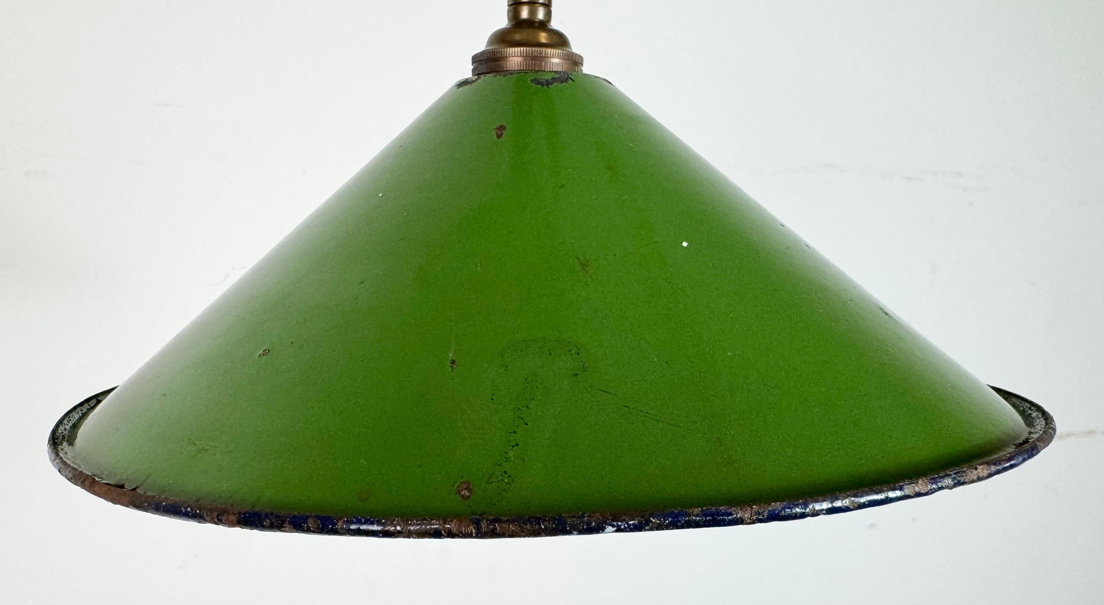 Brass Industrial British Green Enamel Factory Pendant Lamp, 1950s For Sale