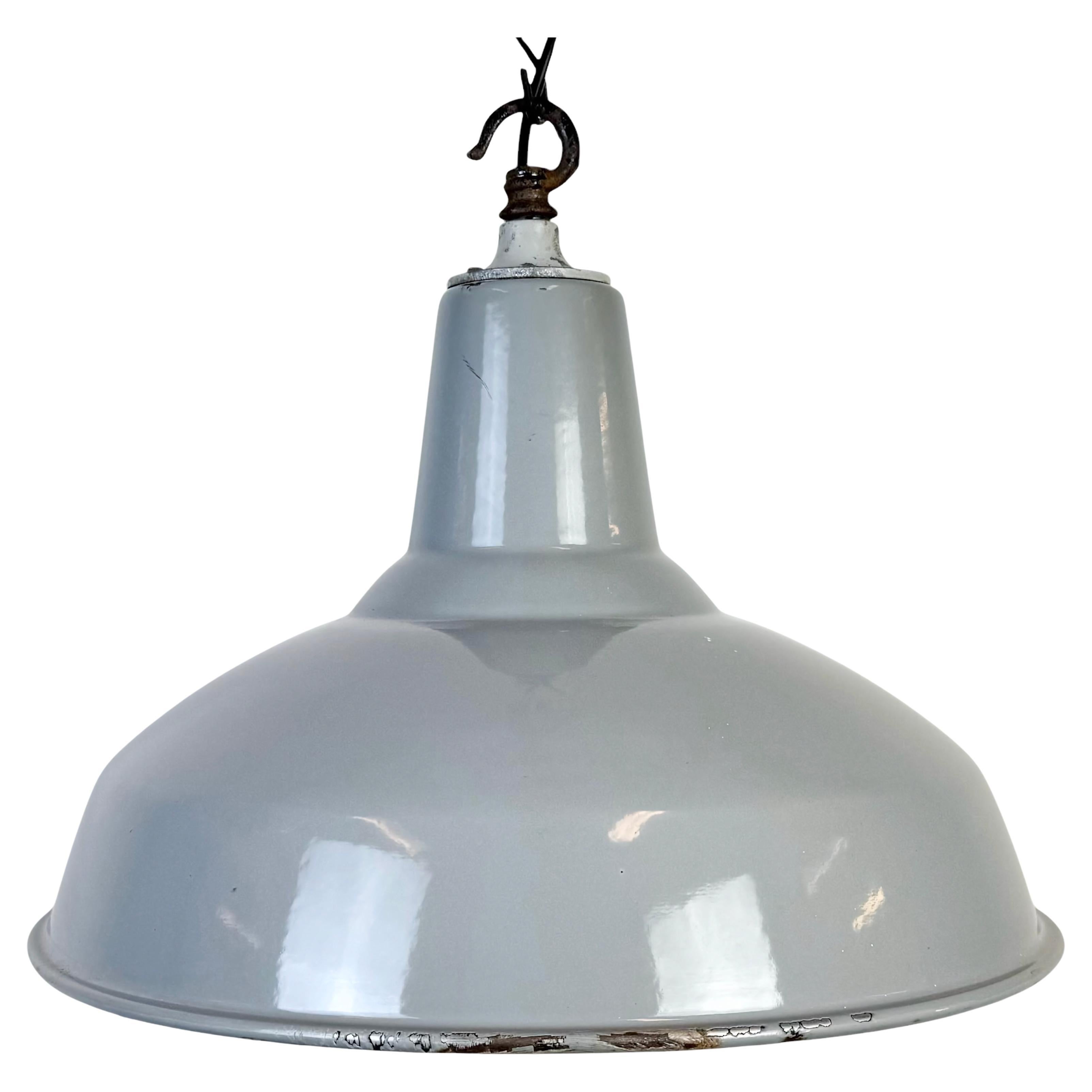 Industrial British Grey Enamel Factory Pendant Lamp, 1960s For Sale