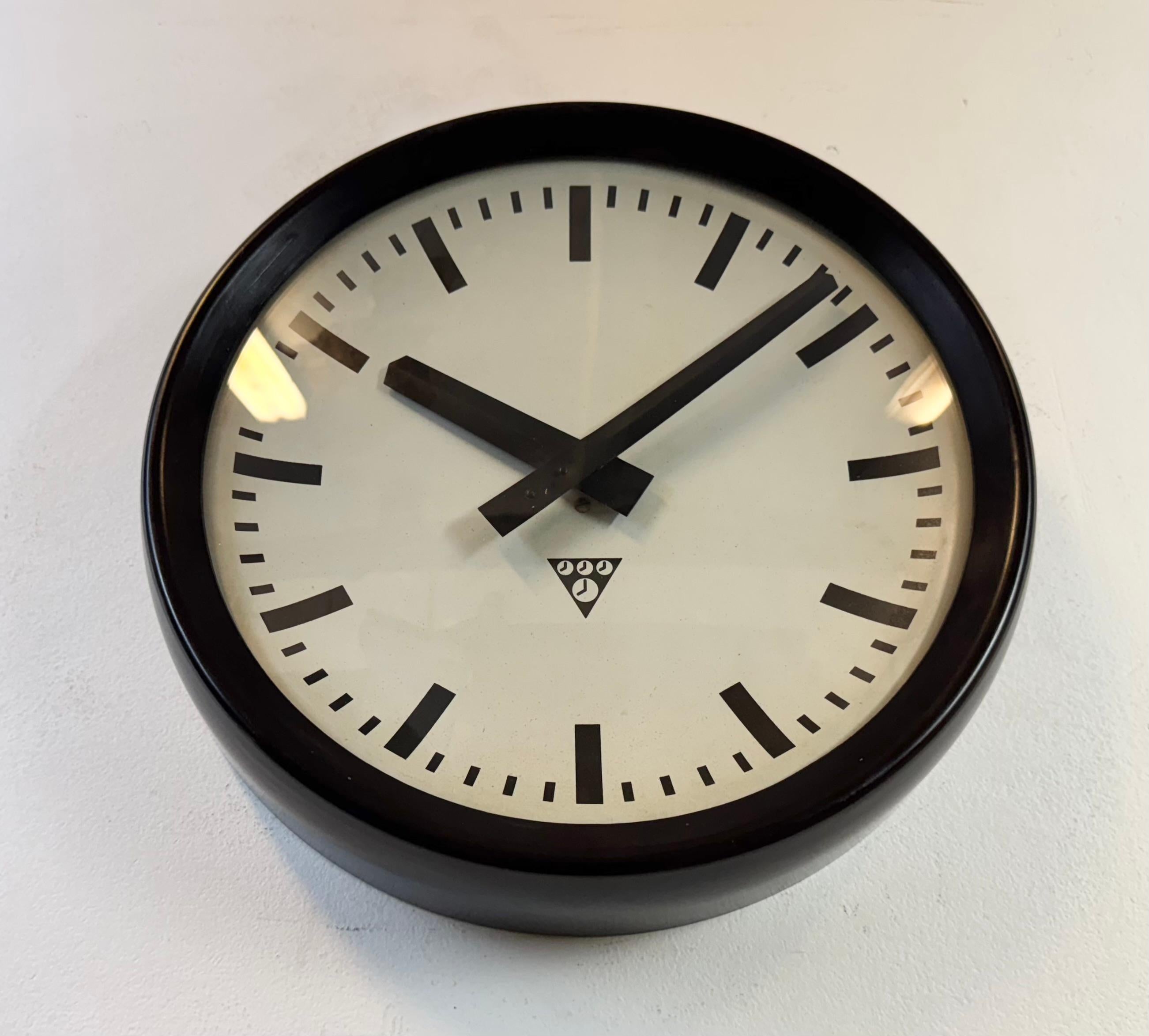 Aluminum Industrial Brown Bakelite Factory Wall Clock from Pragotron, 1960s For Sale