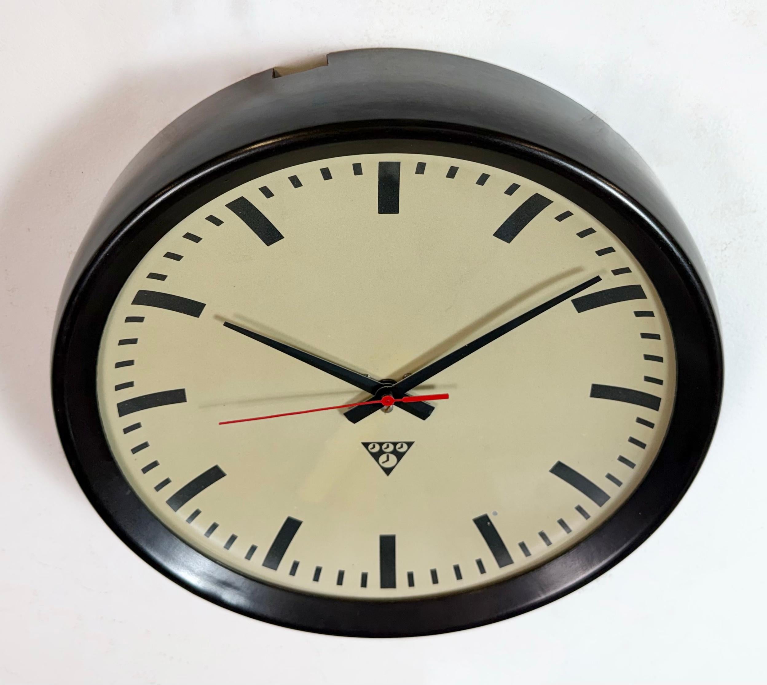 Metal Industrial Brown Bakelite Factory Wall Clock from Pragotron, 1960s For Sale