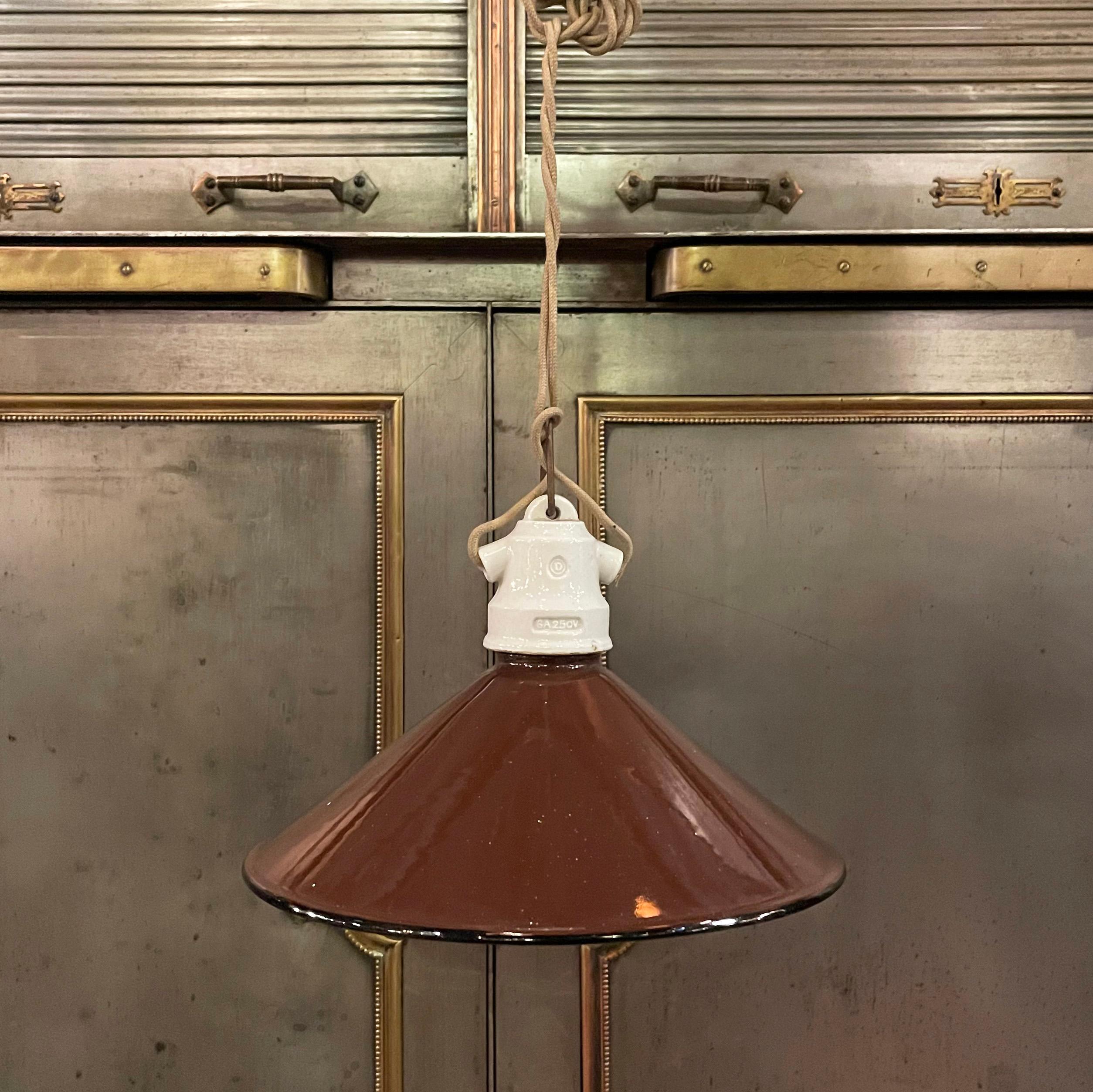 American Industrial Brown Enamel Cone Factory Pendant Light For Sale