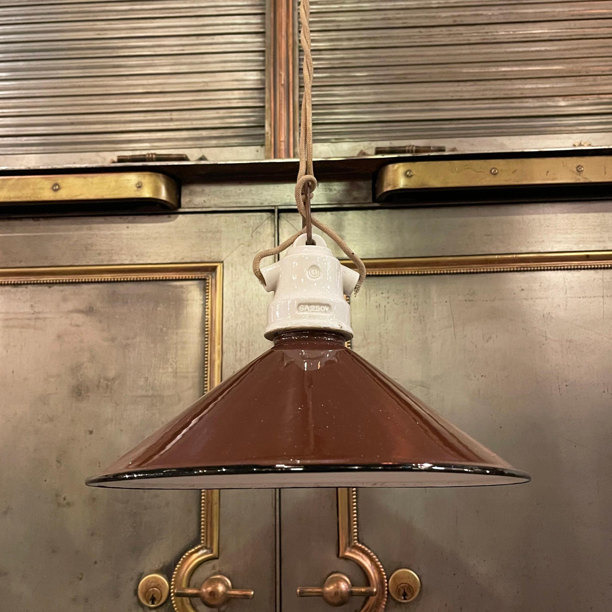 Enameled Industrial Brown Enamel Cone Factory Pendant Light For Sale