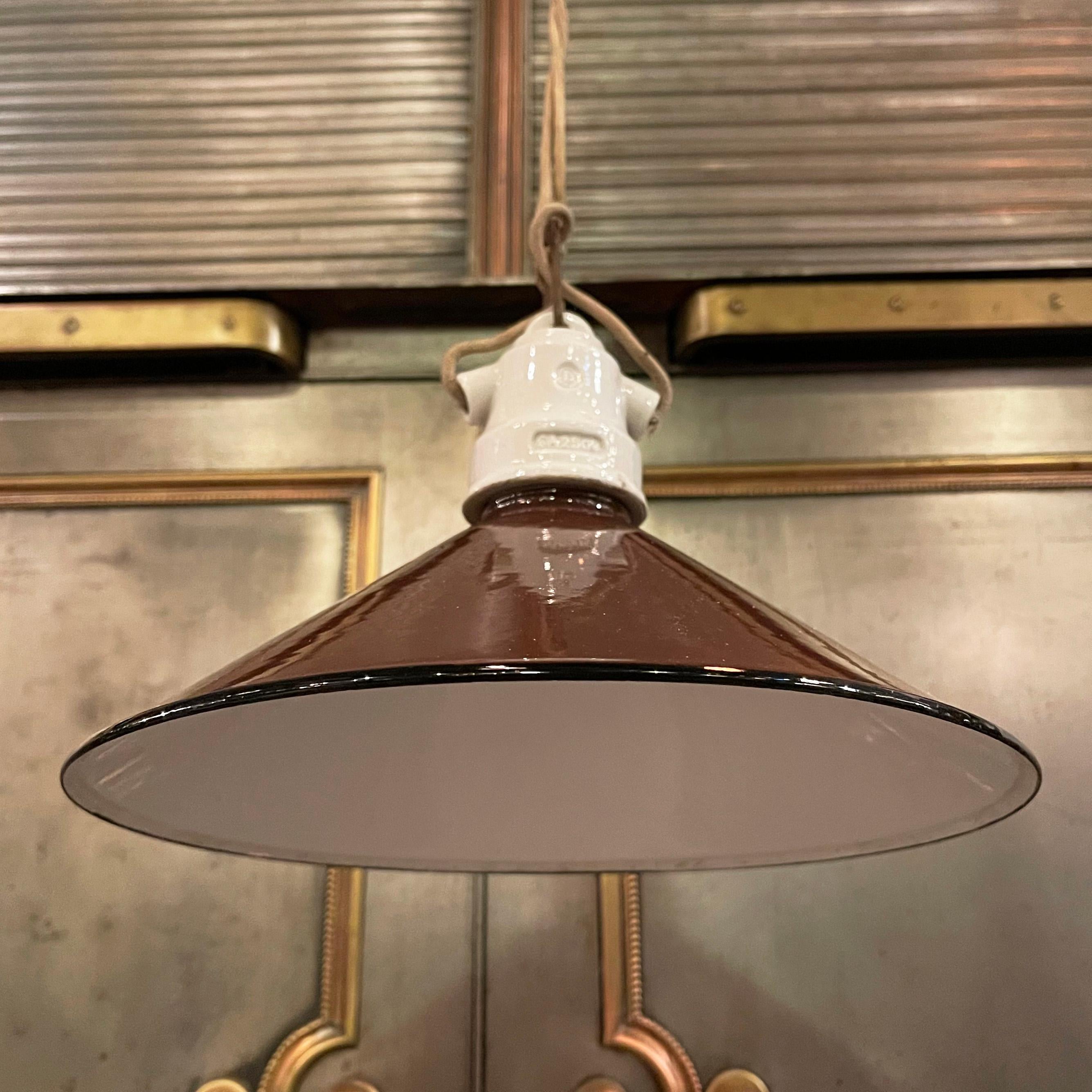 Industrial Brown Enamel Cone Factory Pendant Light In Good Condition For Sale In Brooklyn, NY
