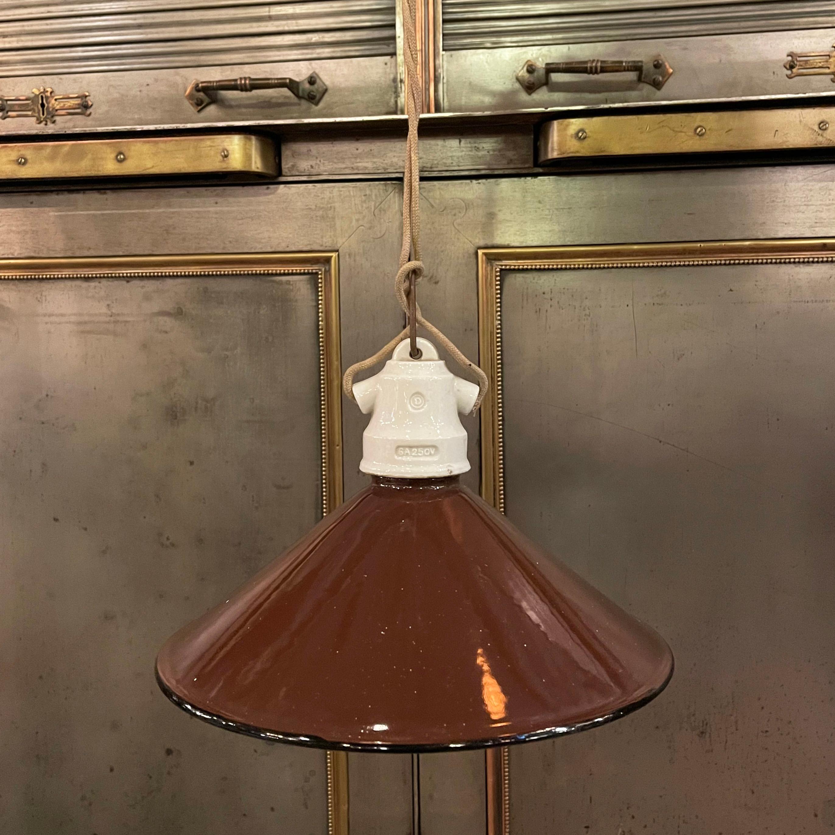 Metal Industrial Brown Enamel Cone Factory Pendant Light For Sale