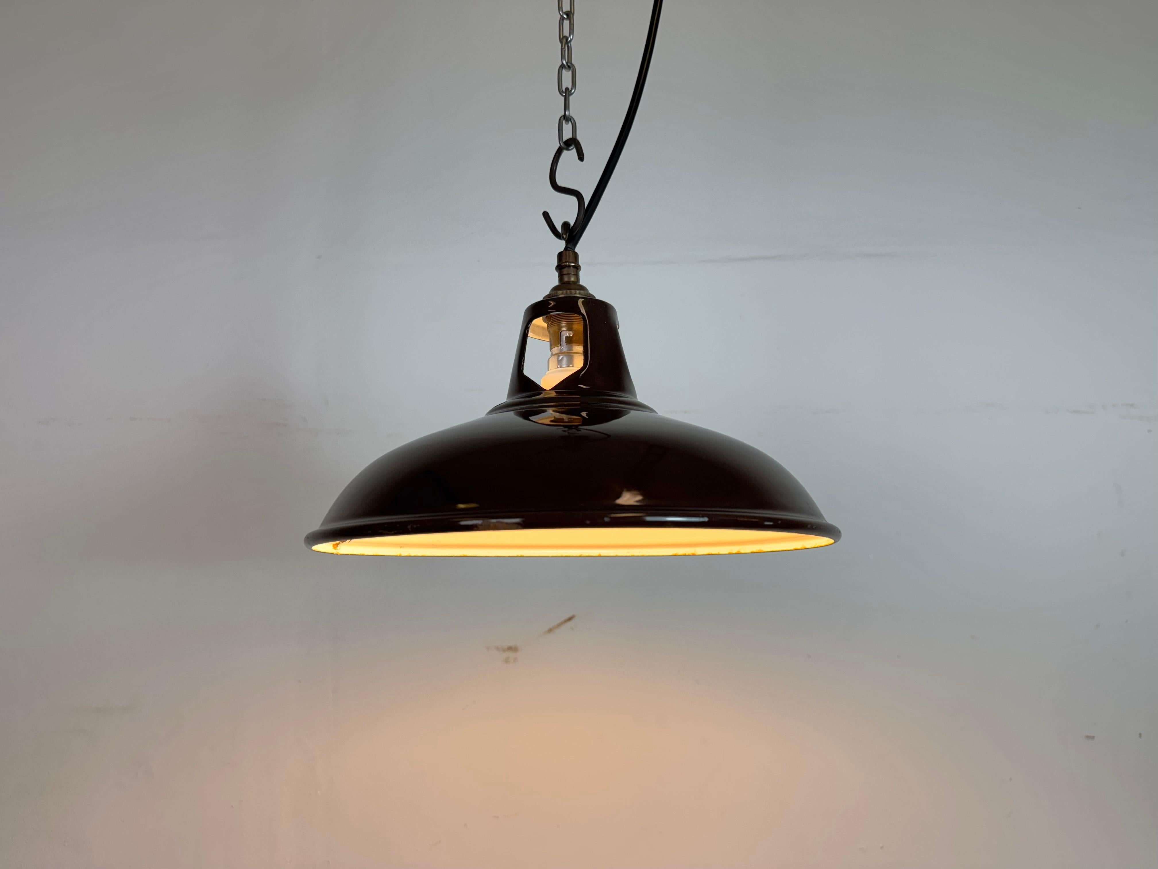 Industrial Brown Enamel Factory Pendant Lamp , 1960s For Sale 3