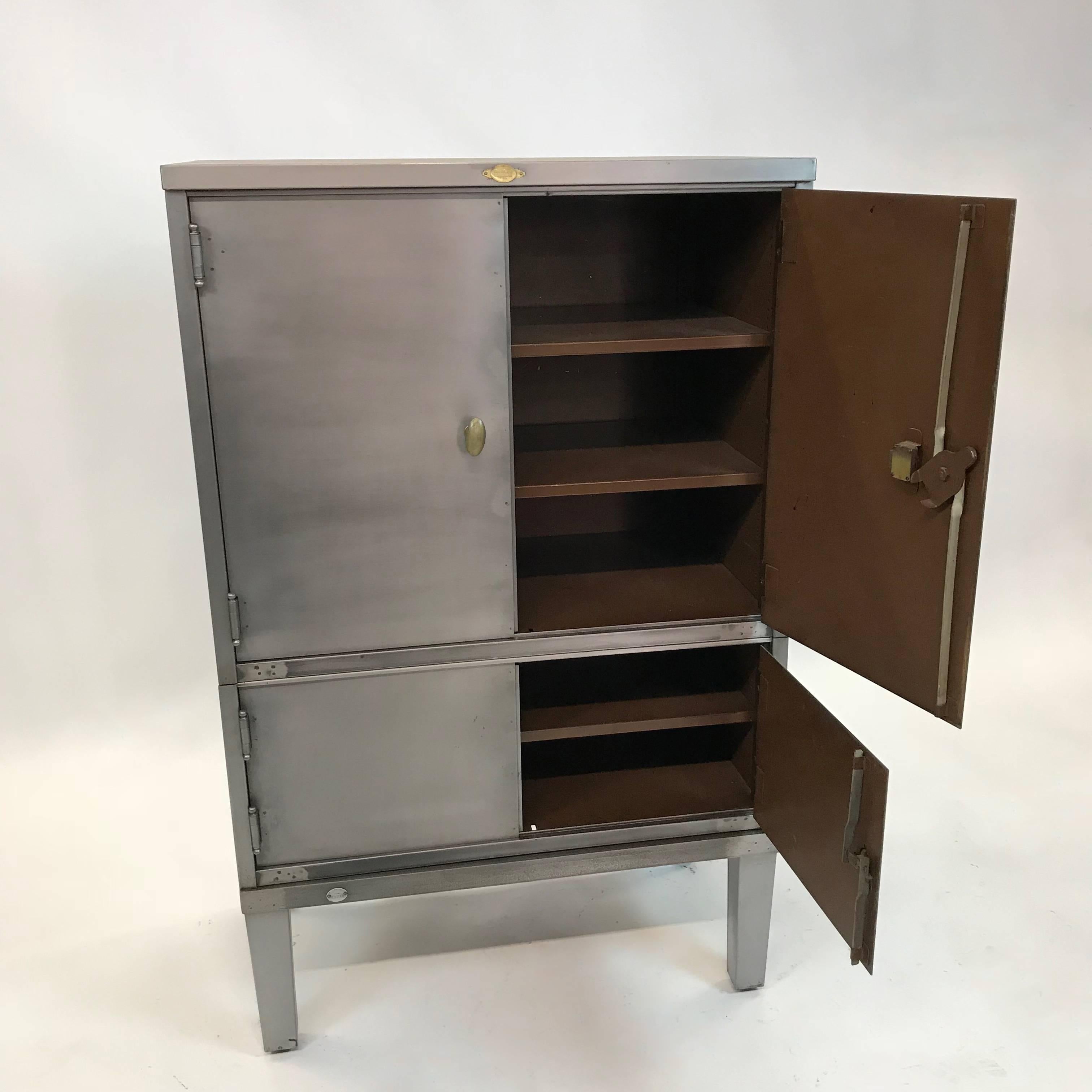American Industrial Brushed Steel and Brass Document Office Cabinet by Art Metal