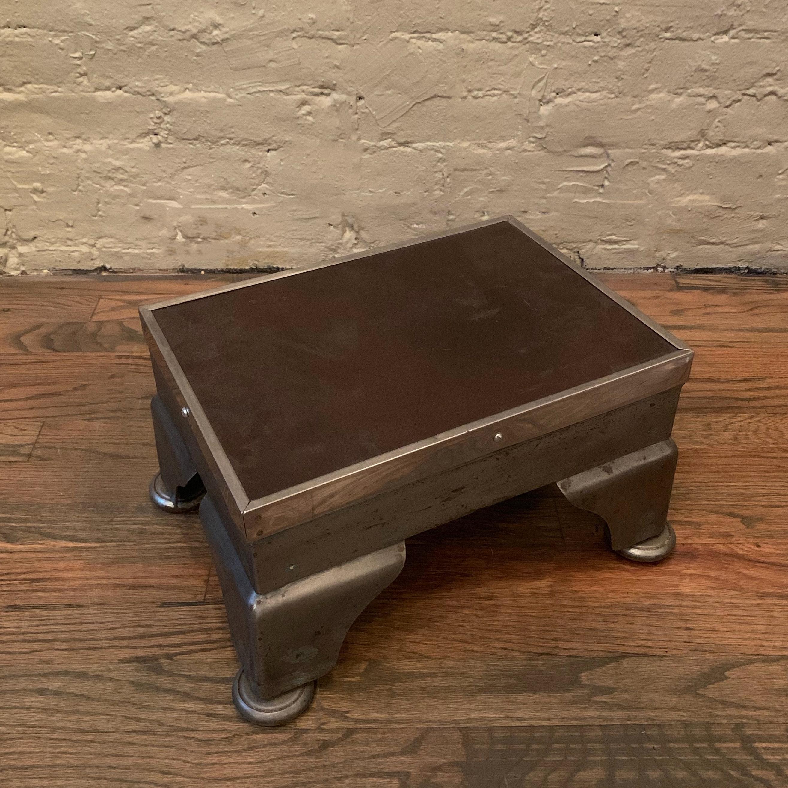 Industrial Brushed Steel And Leather Hospital Foot Stool In Good Condition In Brooklyn, NY
