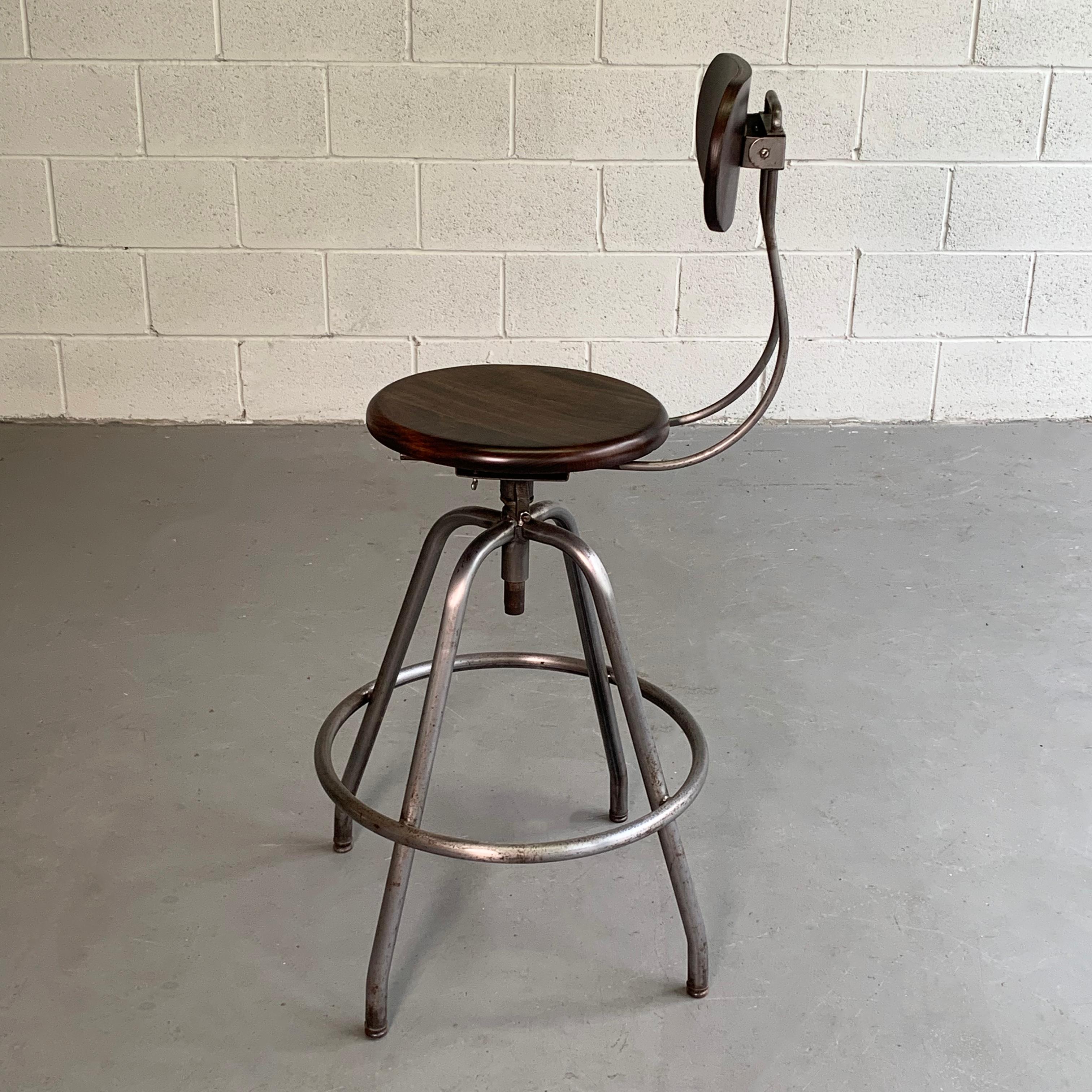 American Industrial Brushed Steel And Maple Drafting Stool For Sale