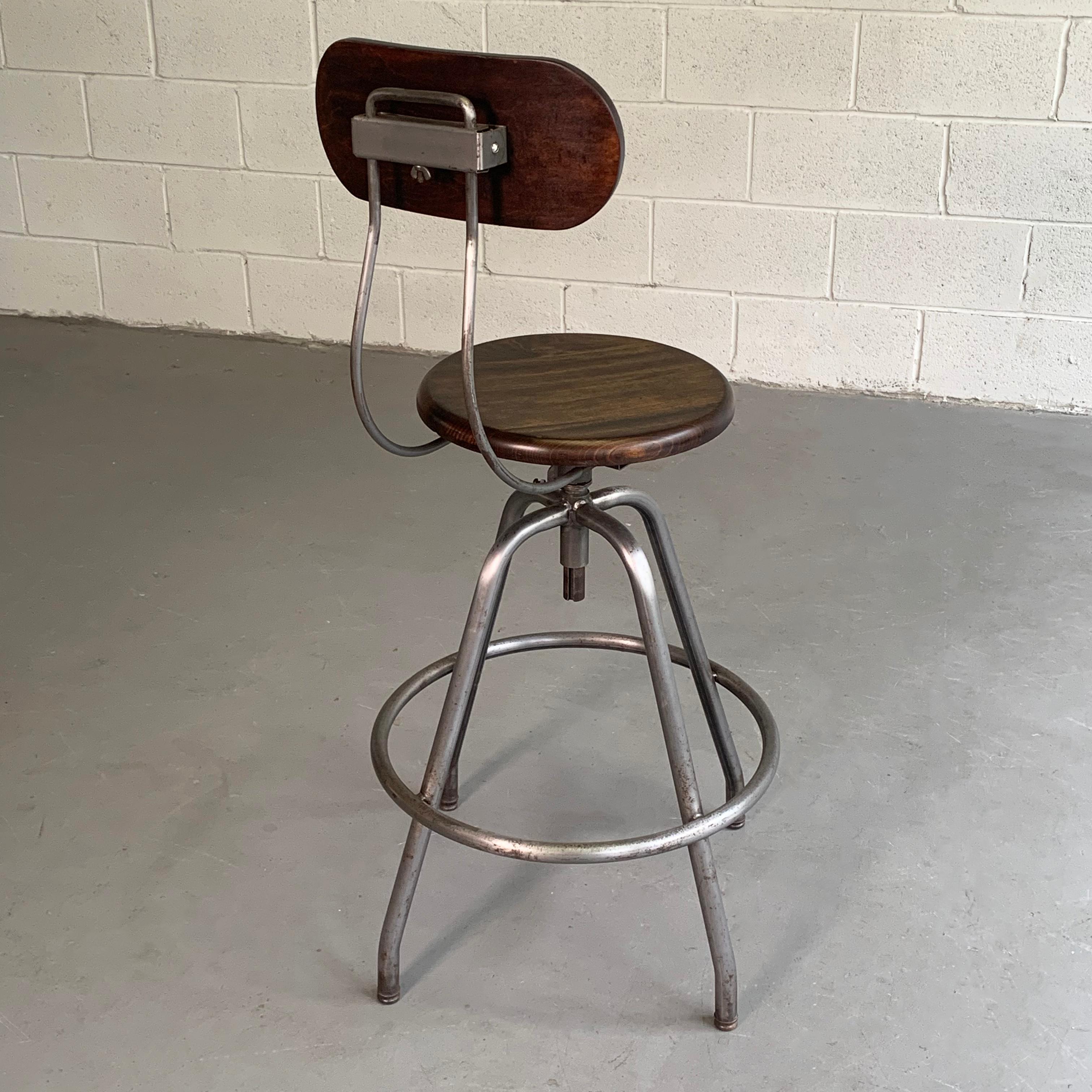 Industrial Brushed Steel And Maple Drafting Stool In Good Condition For Sale In Brooklyn, NY