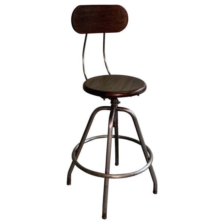 Industrial Brushed Steel And Maple Drafting Stool For Sale at 1stDibs