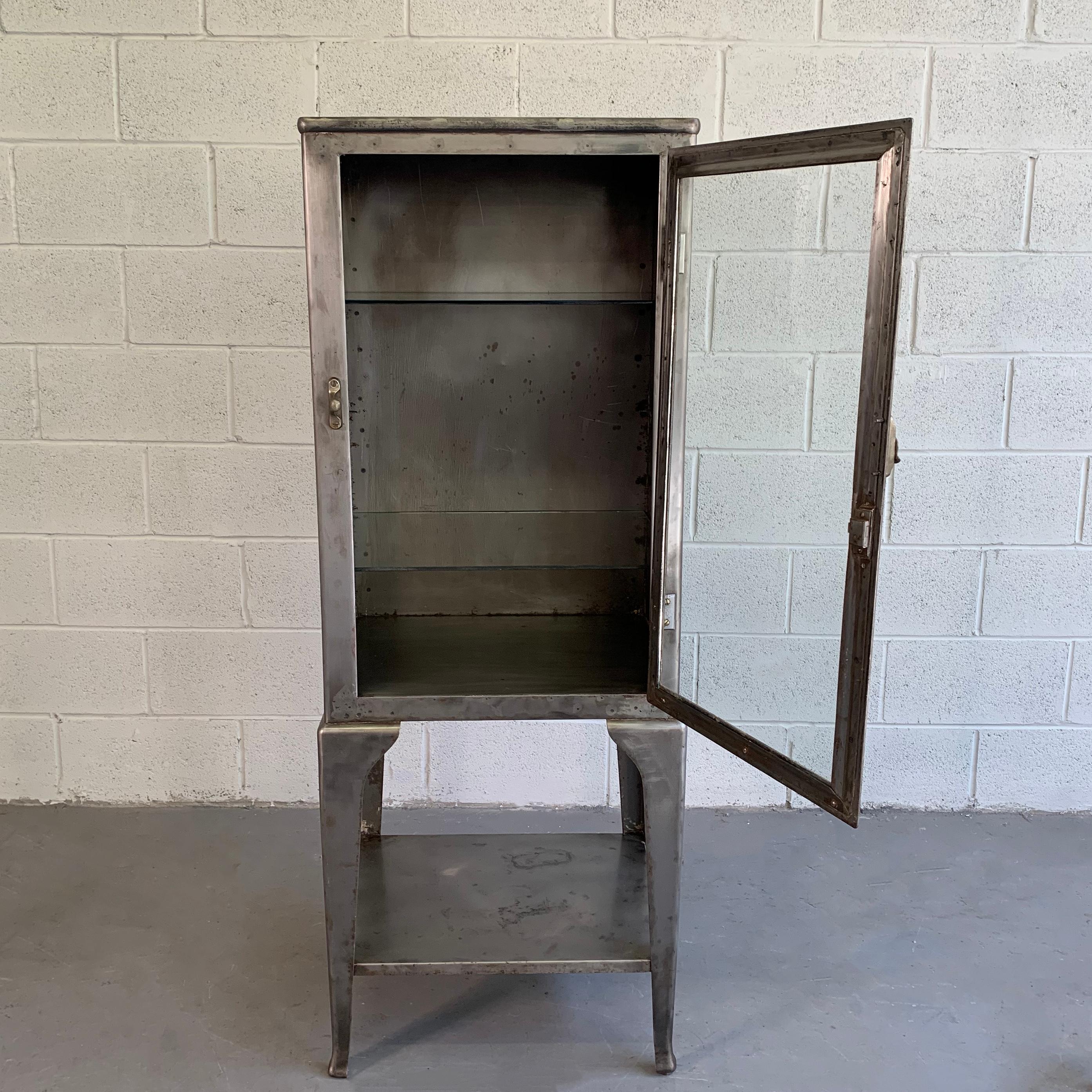 Glass Industrial Brushed Steel Apothecary Display Cabinet