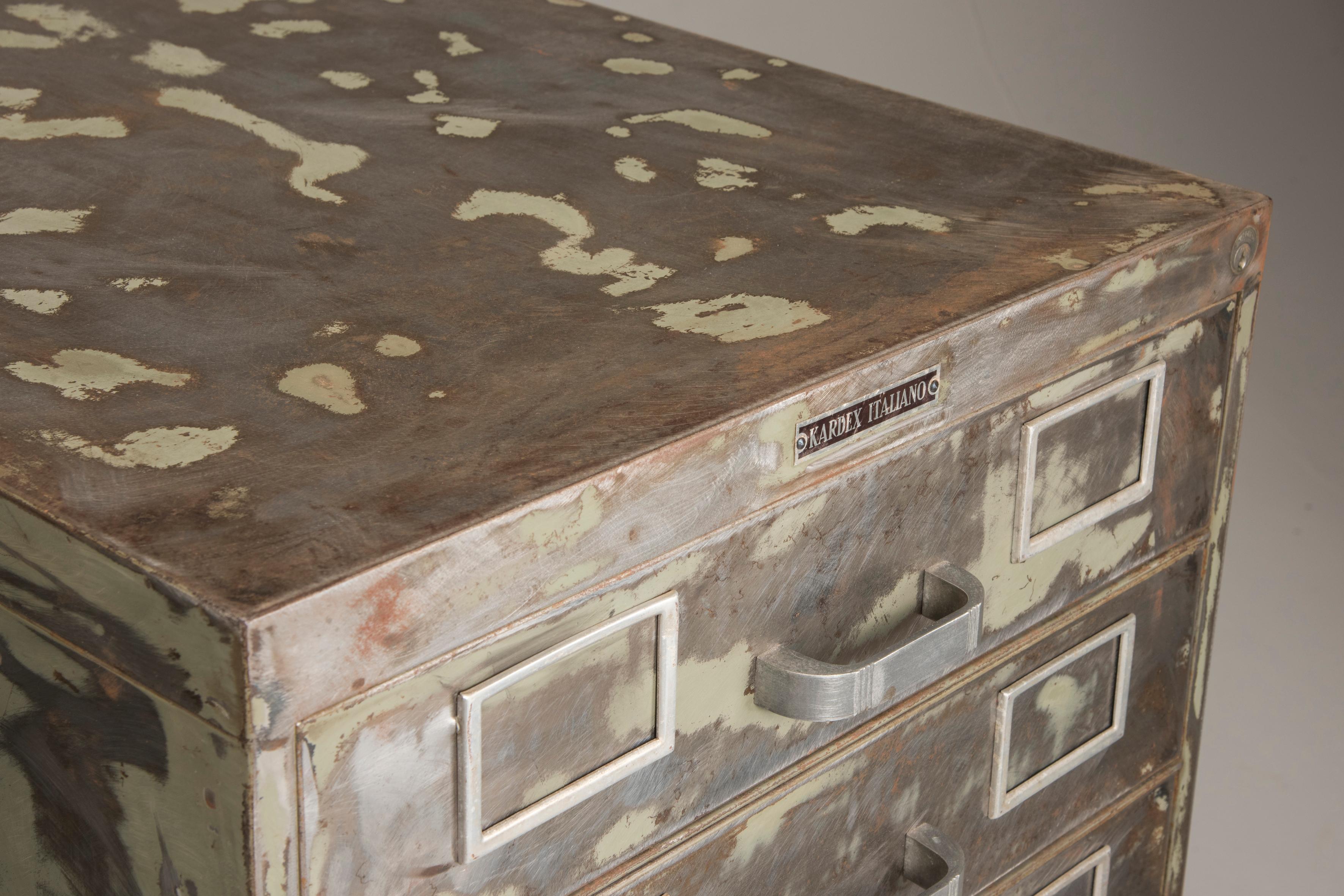 20th Century Industrial Brushed Steel Distressed Look Wheeled Filing 3 Cabinets with Drawers