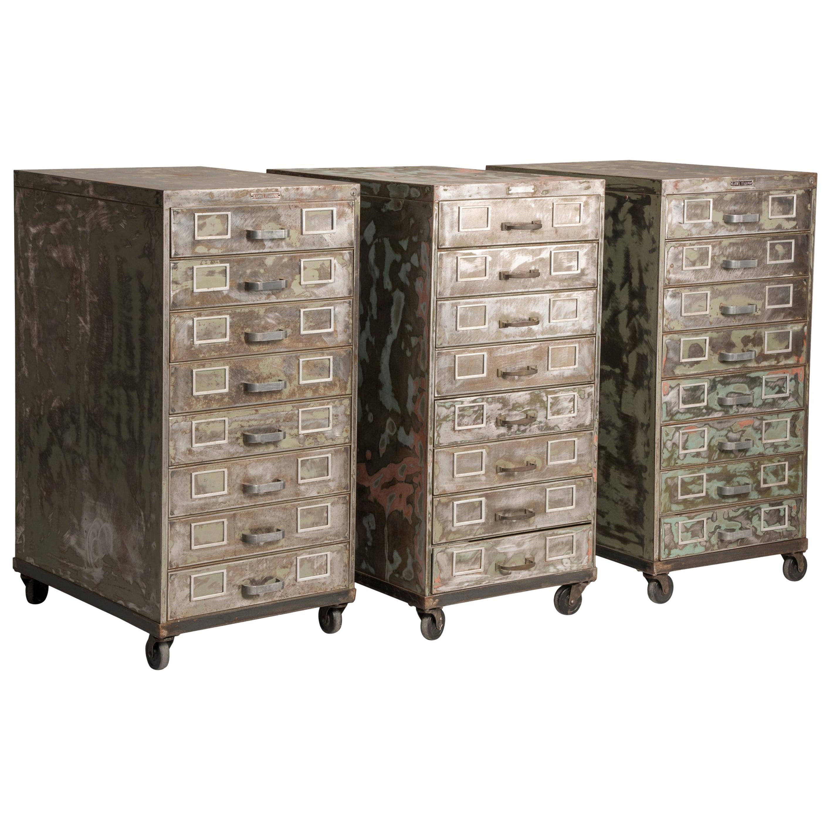 Industrial Brushed Steel Distressed Look Wheeled Filing 3 Cabinets with Drawers