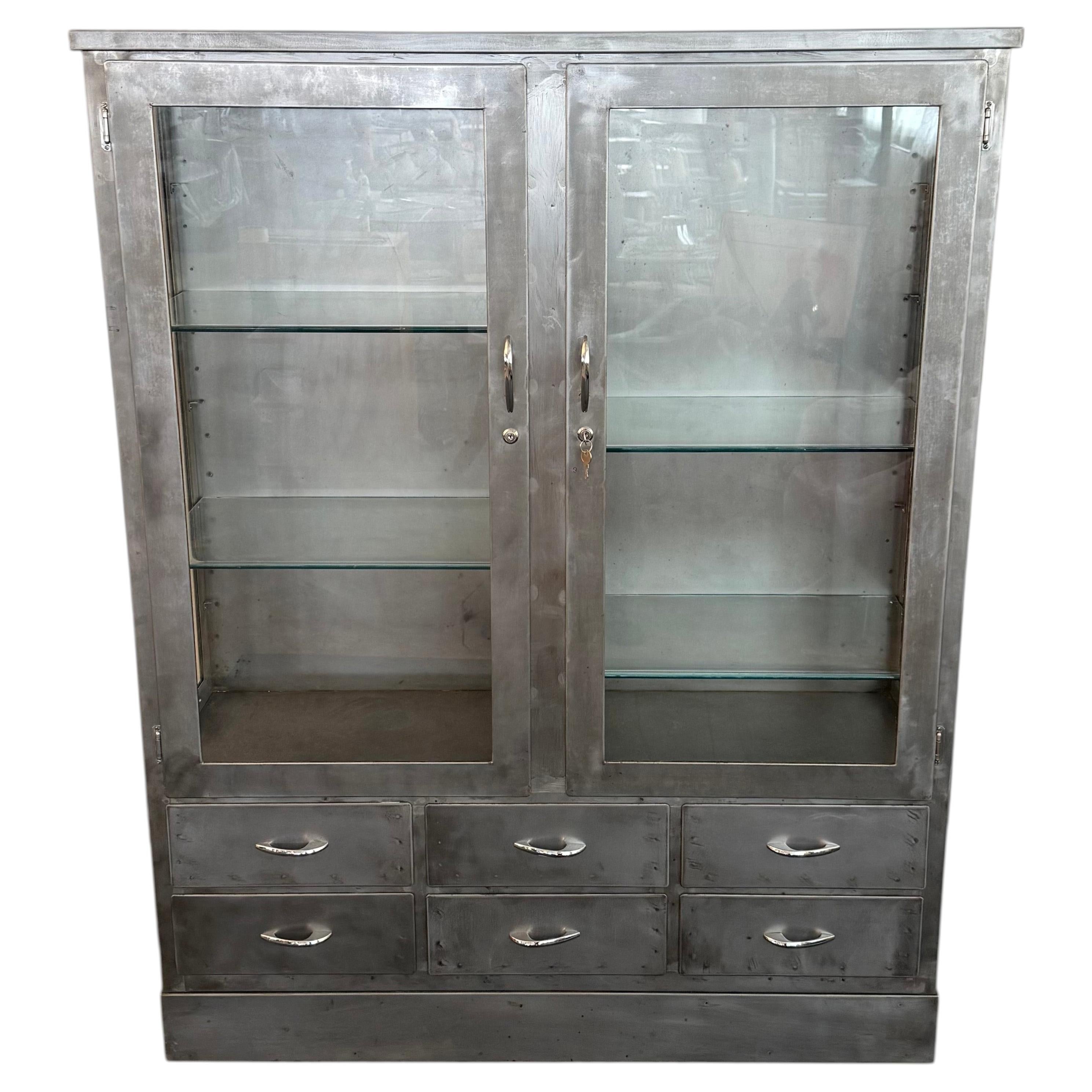 Industrial Brushed Steel Double Wide Medical Apothecary Display Cabinet