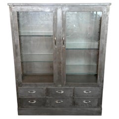 Industrial Brushed Steel Double Wide Medical Apothecary Display Cabinet