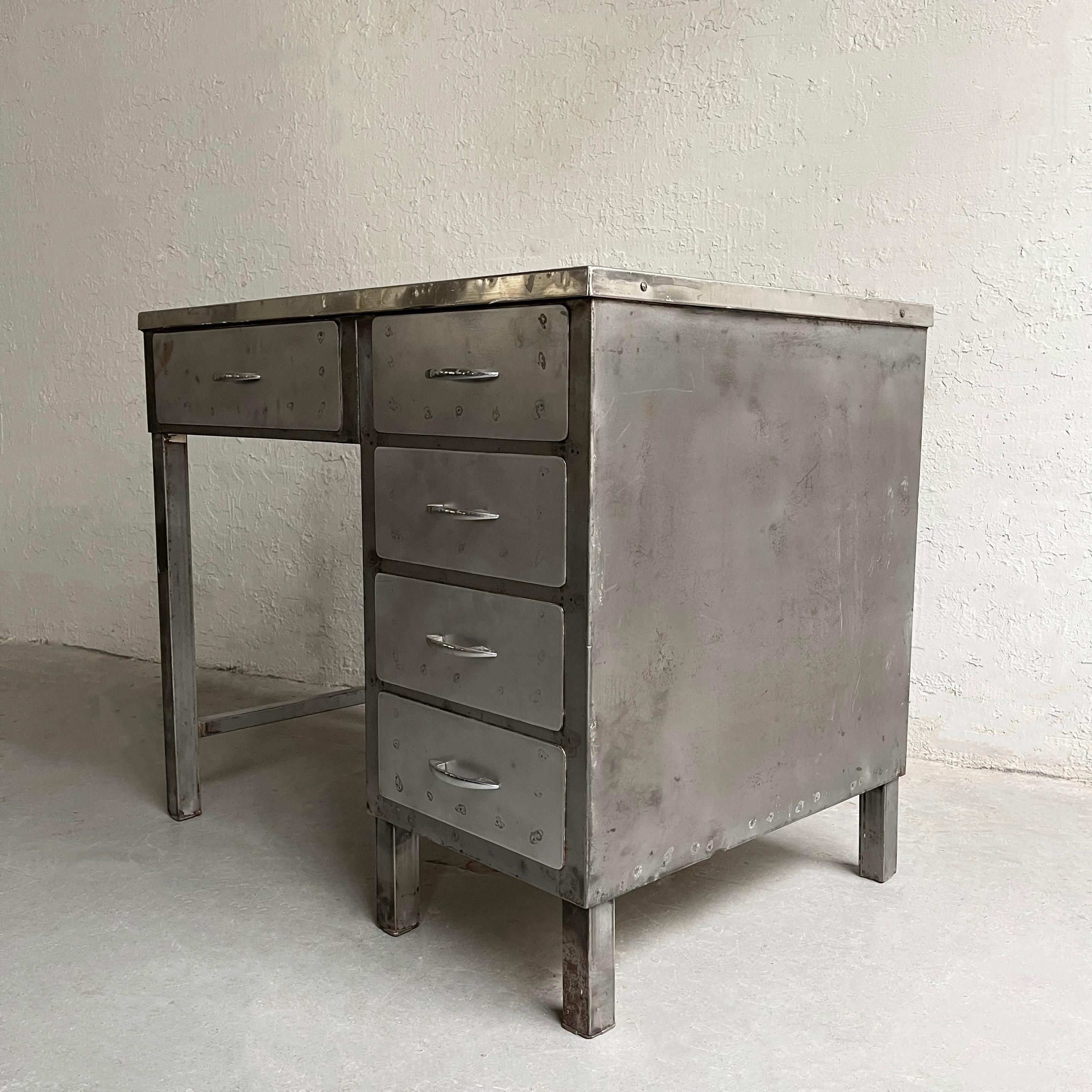 Industrial Brushed Steel Factory Desk In Good Condition For Sale In Brooklyn, NY