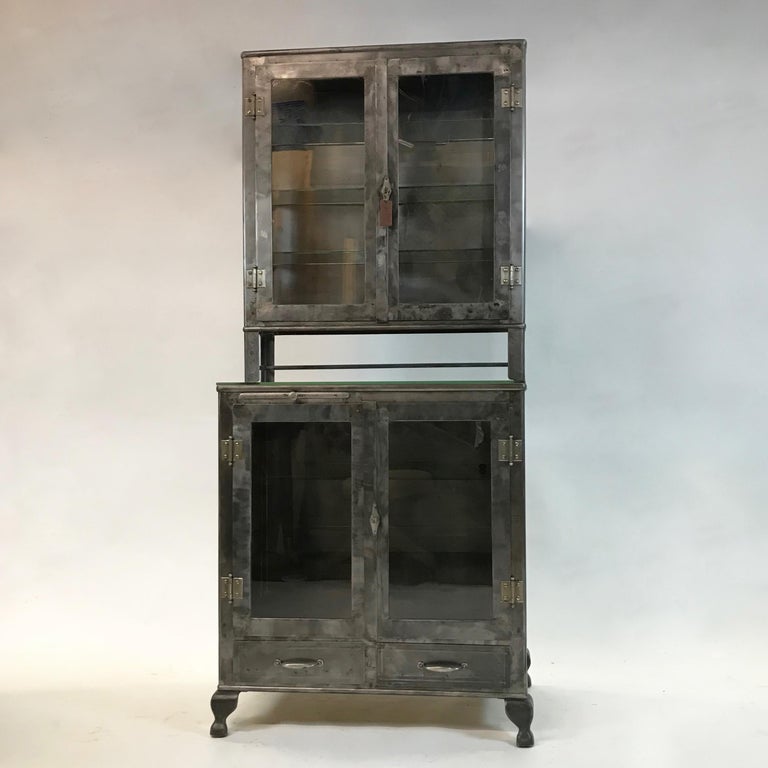 Industrial Brushed Steel Glass Front Apothecary Display Cabinet At