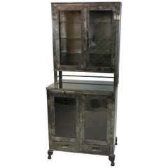 Antique Industrial Brushed Steel Glass Front Apothecary Display Cabinet