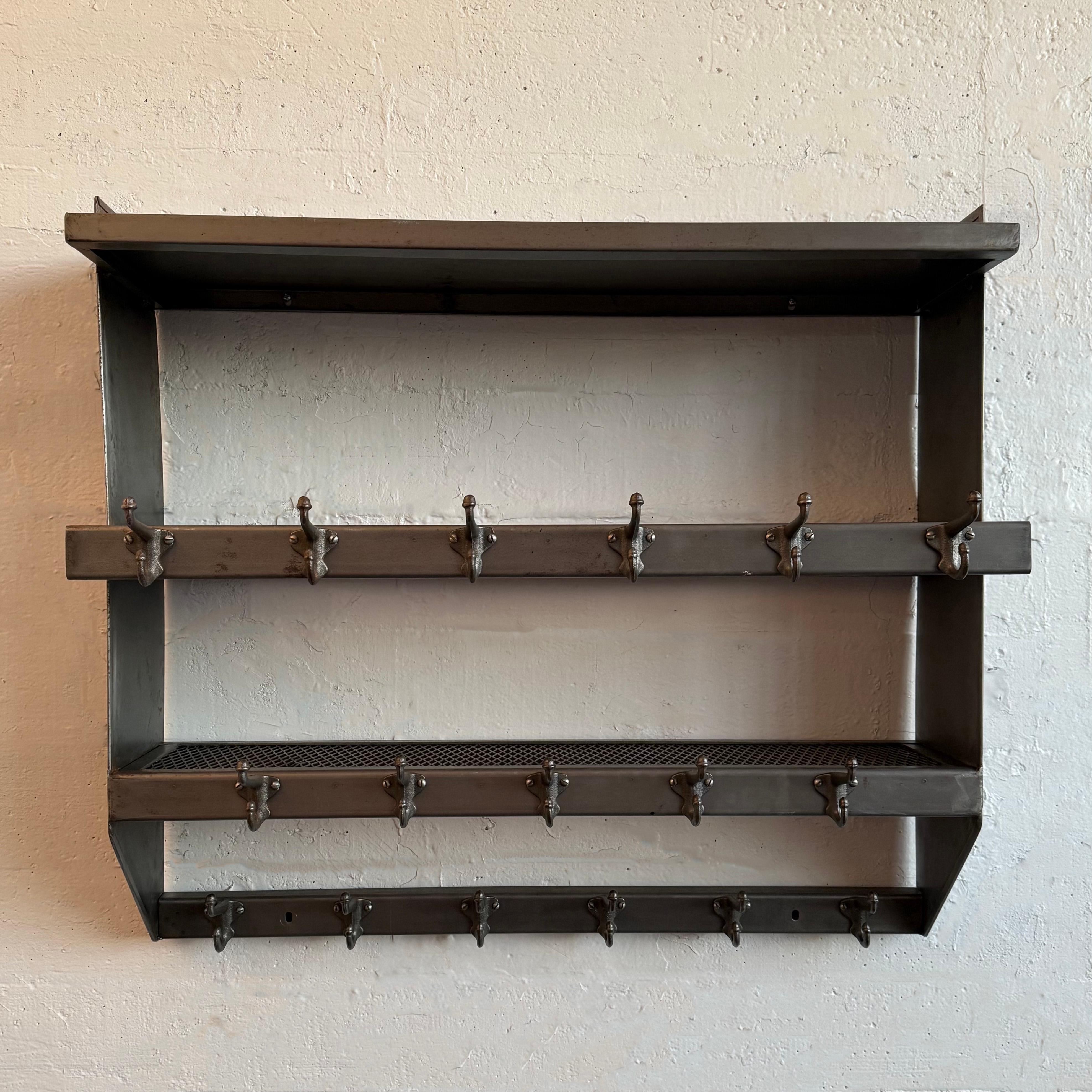 American Industrial Brushed Steel Gymnasium Wall Mount Shelf Unit Coat Rack For Sale