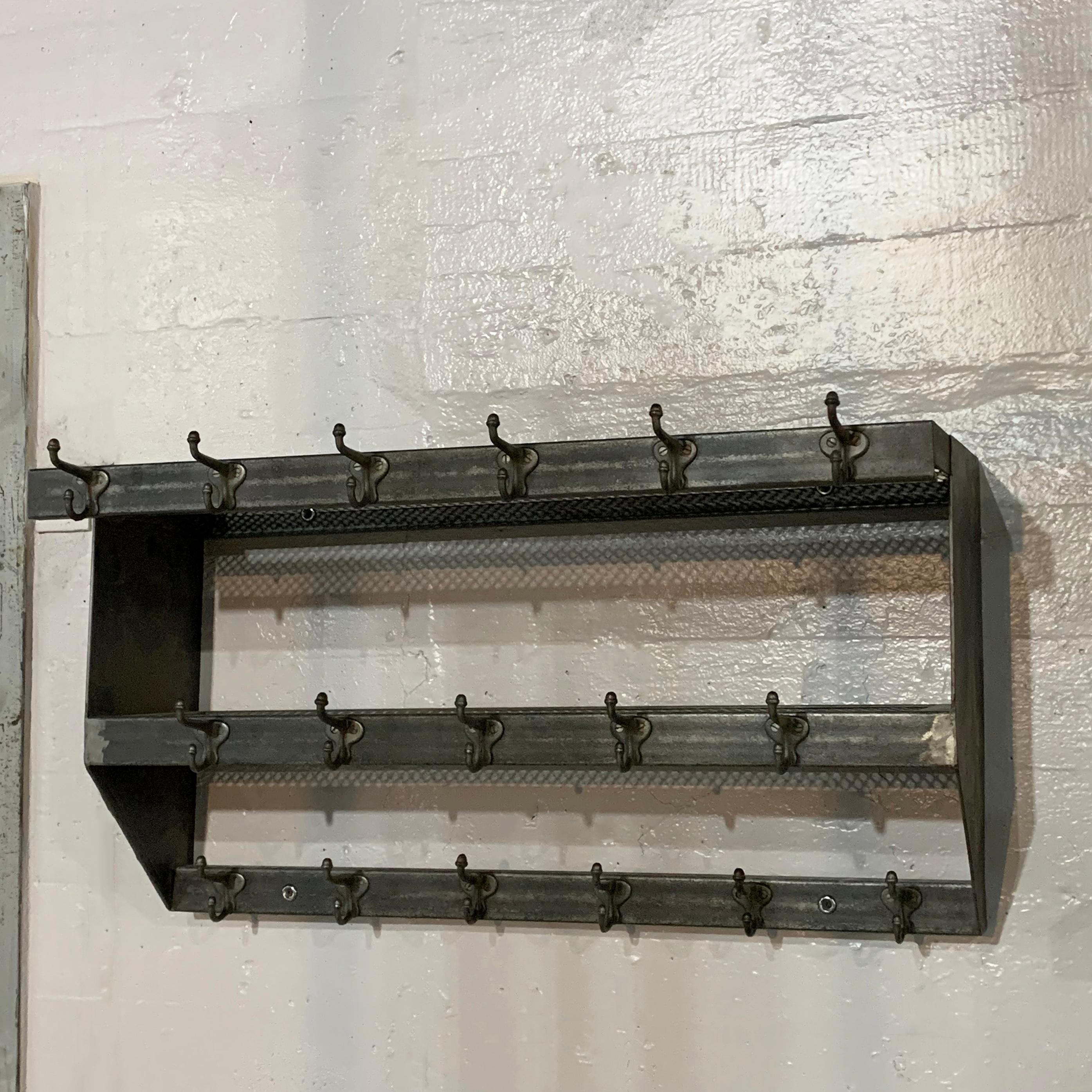 Industrial Brushed Steel Gymnasium Wall Mount Shelf Unit Coat Rack In Good Condition In Brooklyn, NY