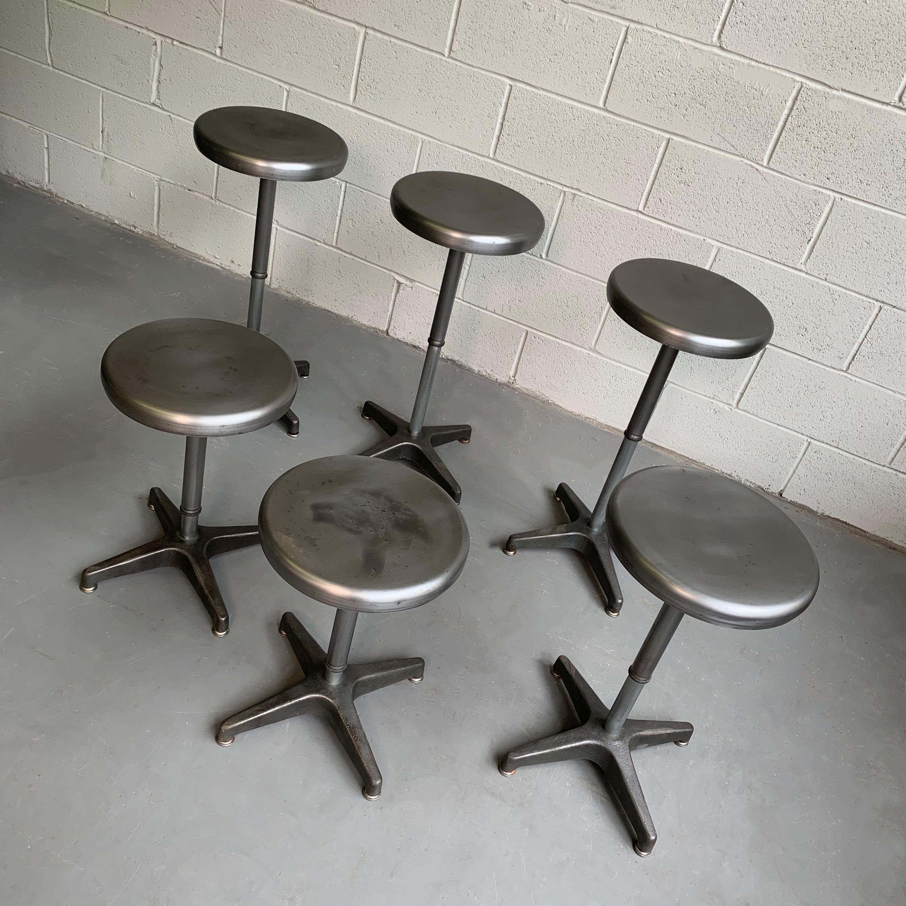 Industrial Brushed Steel Height Adjustable Swivel Stools In Good Condition In Brooklyn, NY