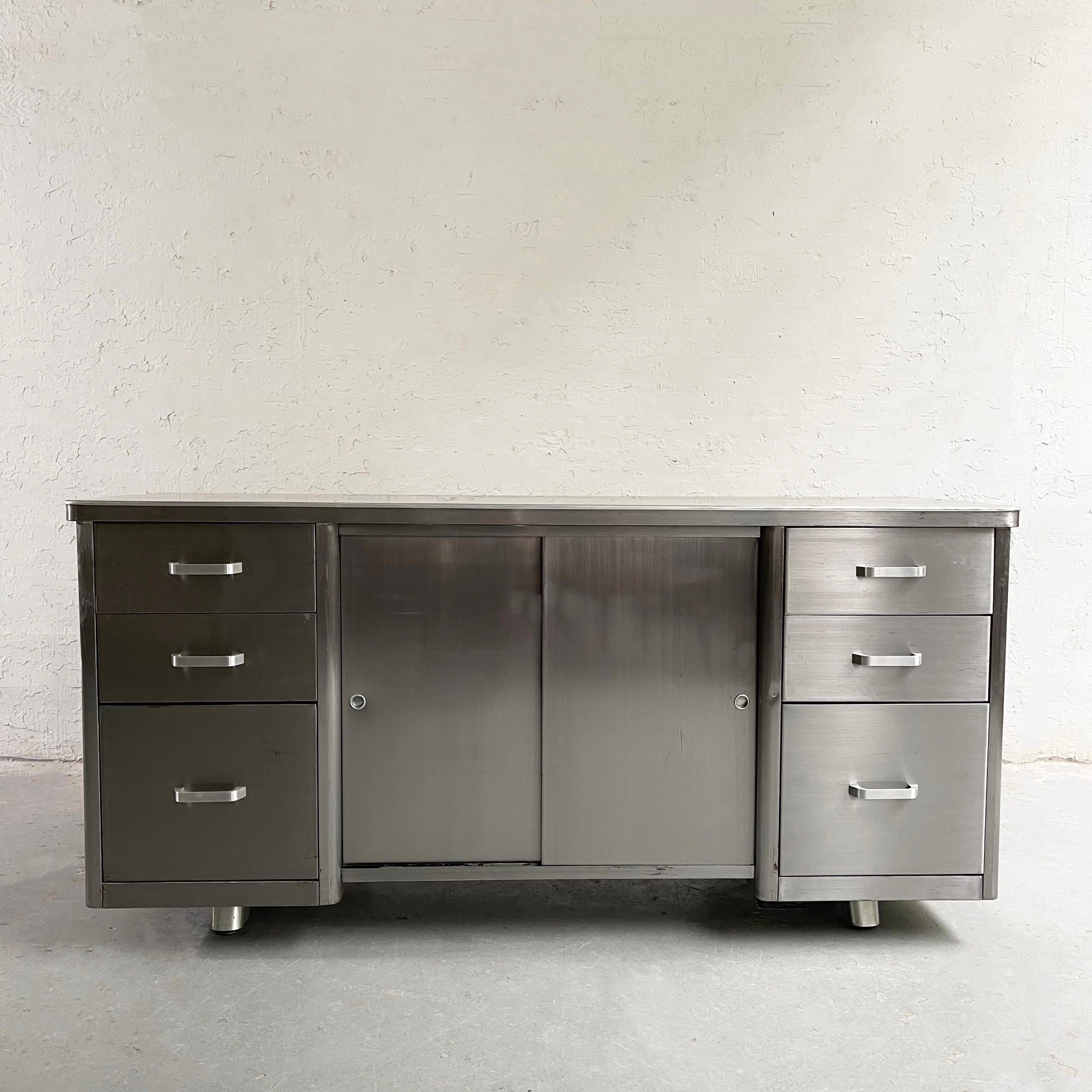 American Industrial Brushed Steel Office Credenza Cabinet For Sale