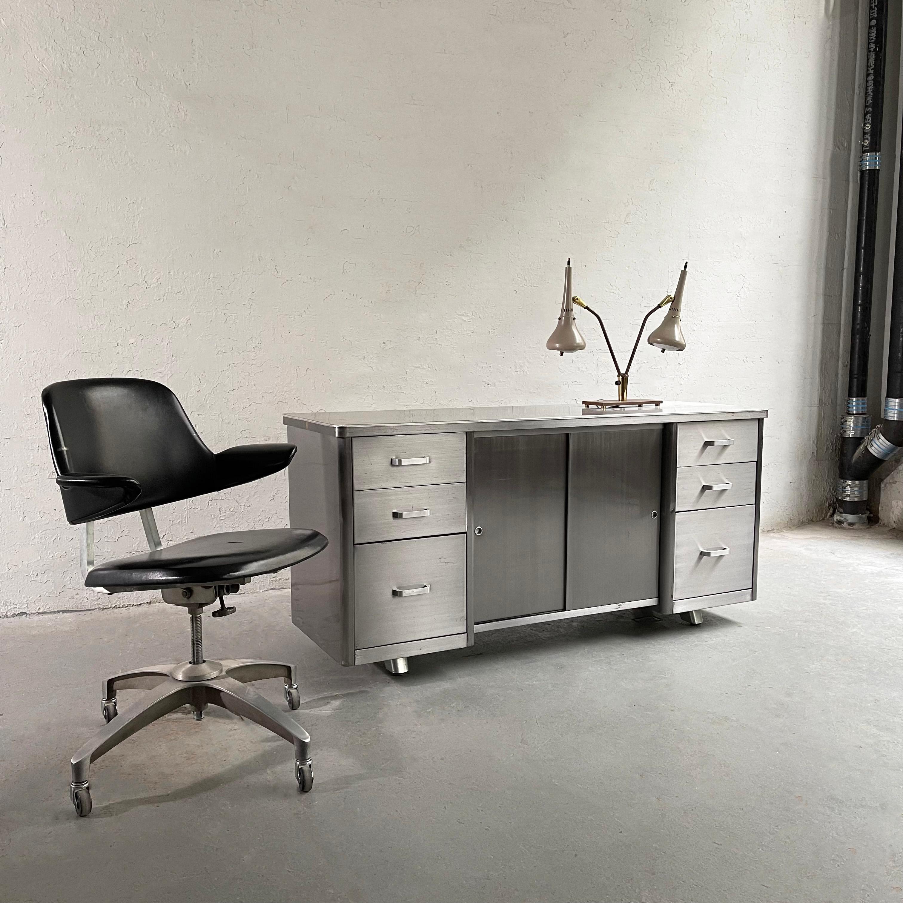 Industrial Brushed Steel Office Credenza Cabinet In Good Condition For Sale In Brooklyn, NY