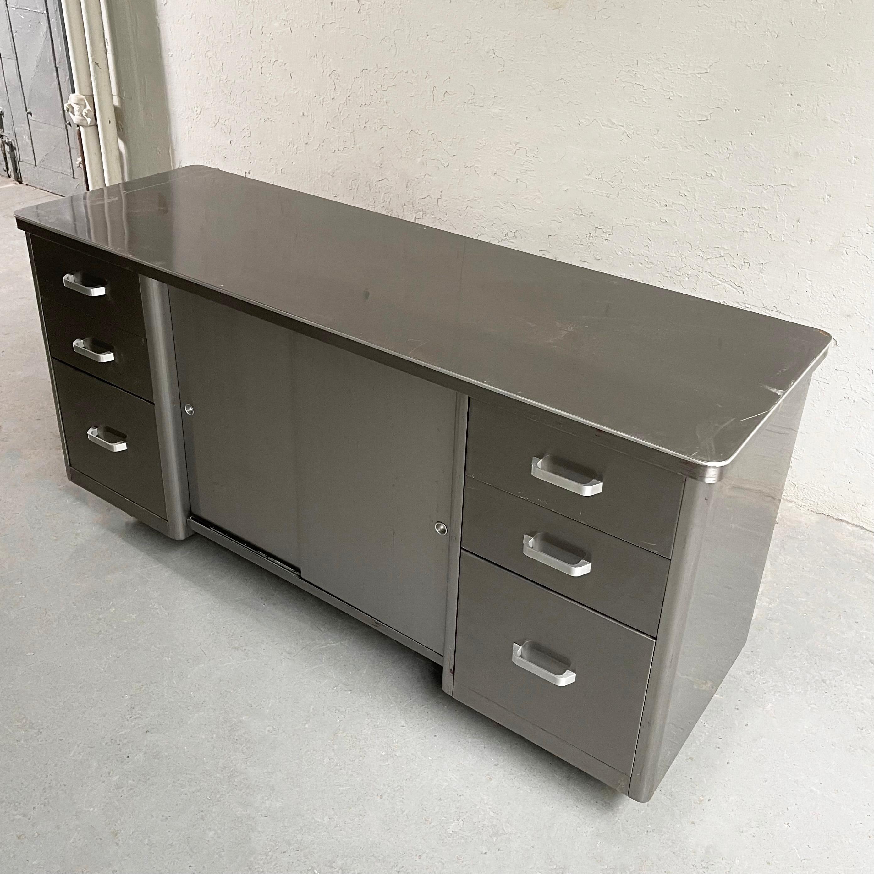 20th Century Industrial Brushed Steel Office Credenza Cabinet For Sale