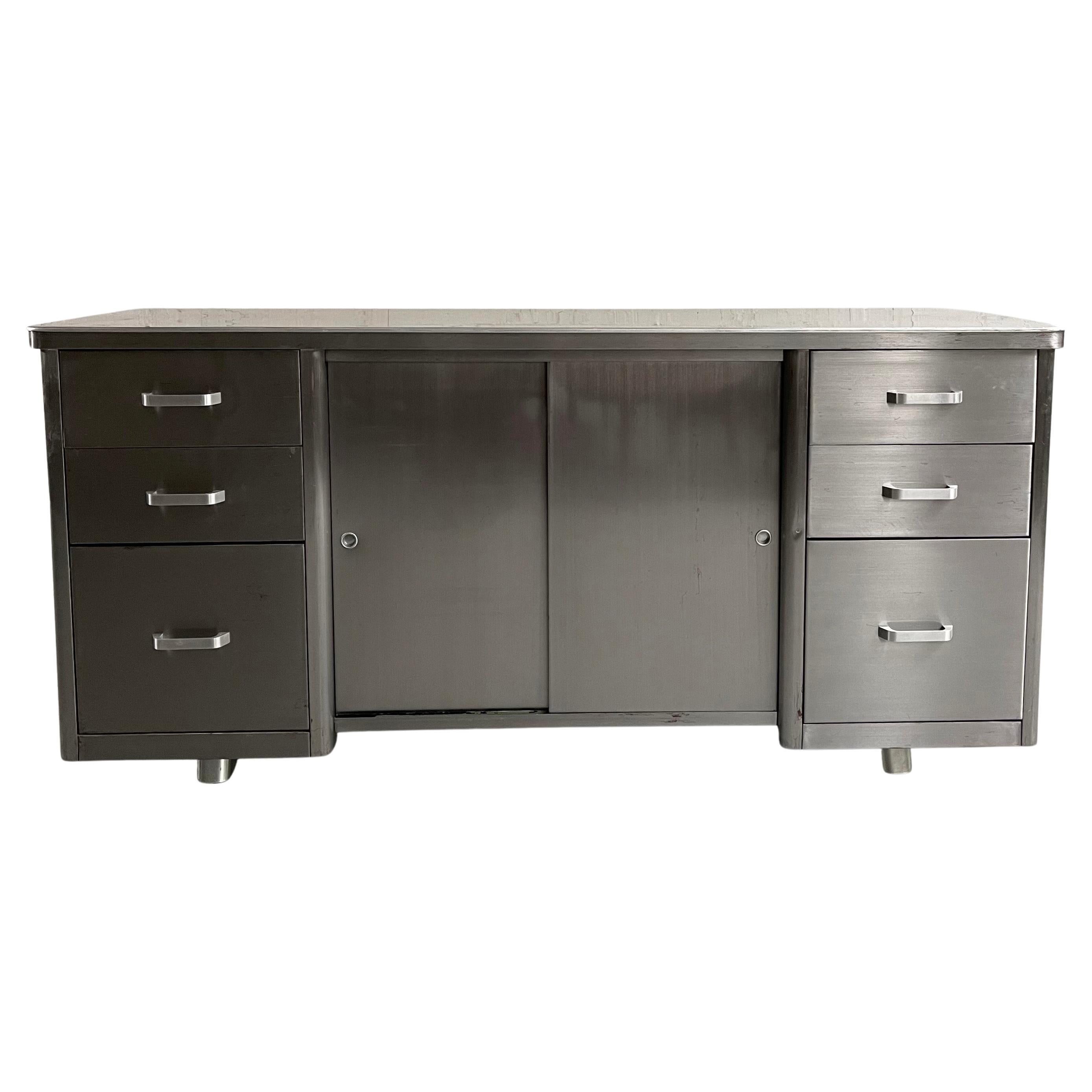 Industrial Brushed Steel Office Credenza Cabinet For Sale