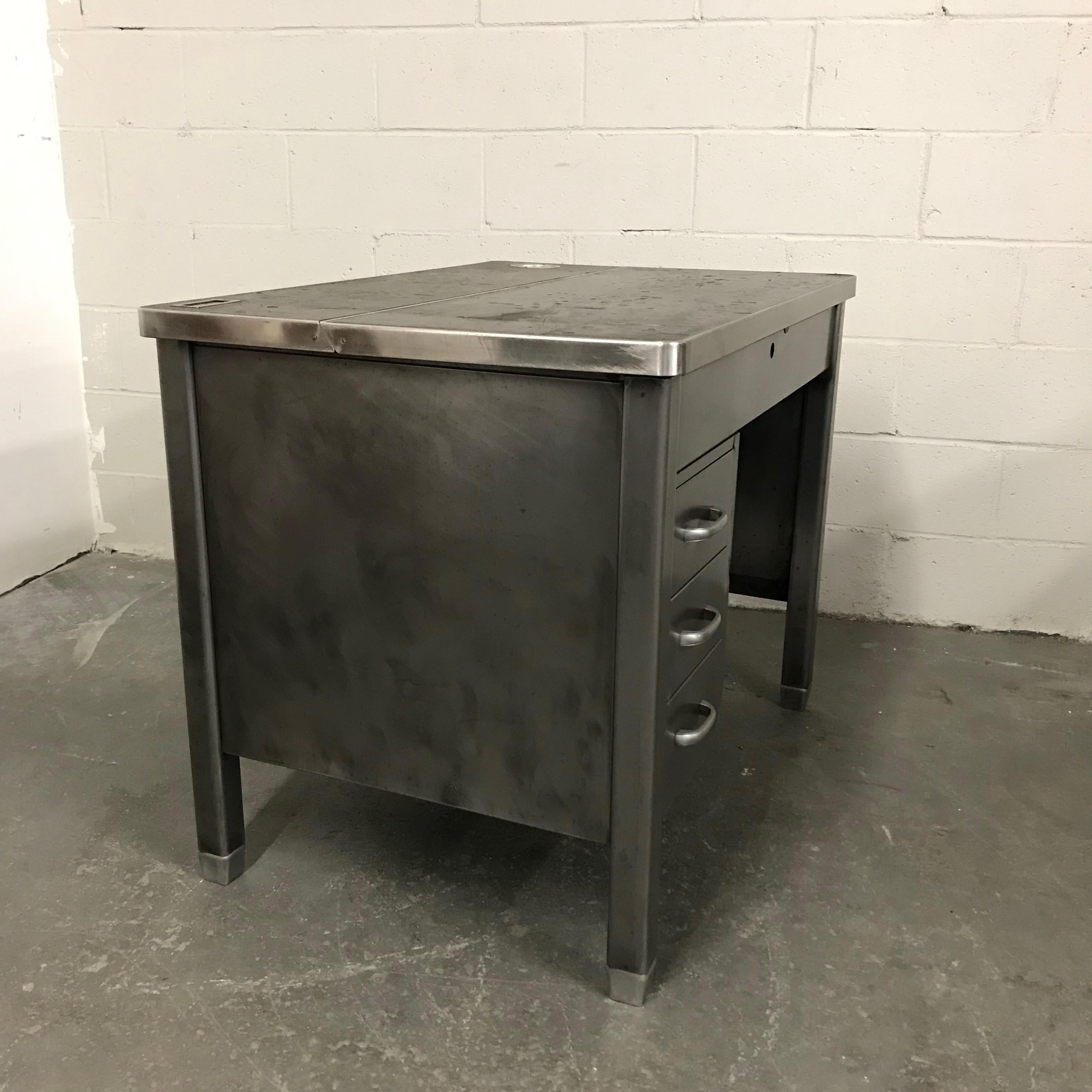 Industrial Brushed Steel Rubber Top Military Desk In Good Condition In Brooklyn, NY